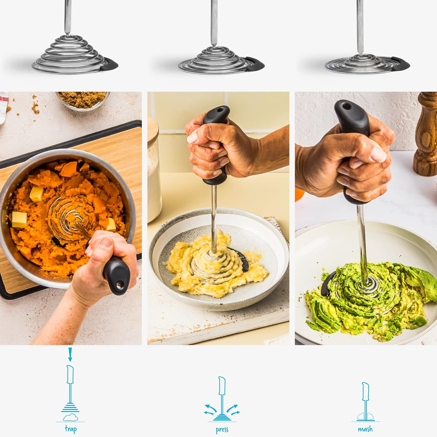 Dreamfarm Smood One-Handed & Ergonomic Soft-Grip, Stainless-Steel Vegetable & Potato Masher with Silicone Bowl Scraper - Black image number 3
