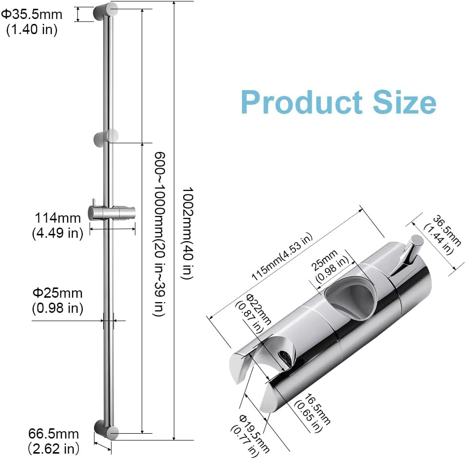 OFFO Shower Slide Bar 1000Mm(40 Inches) Adjustable Installation Distance 500-990Mm with 360&deg; Adjustable Handheld Shower Head Holder for Bathroom, Screw Wall Mounted, Chrome Finish image number 4
