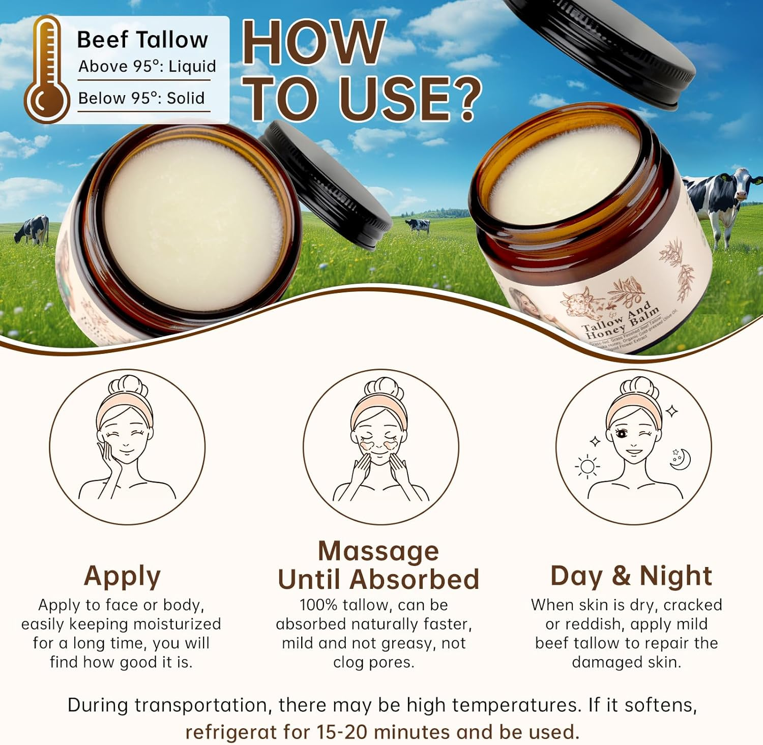 Beef Tallow Cream for Skin, Organic Beef Tallow Face Cream for Dry Skin, Deep Moisturizing Tallow Body Butter Lotion for Cracked Skin, Beef Tallow Moisturizer, 2 OZ.