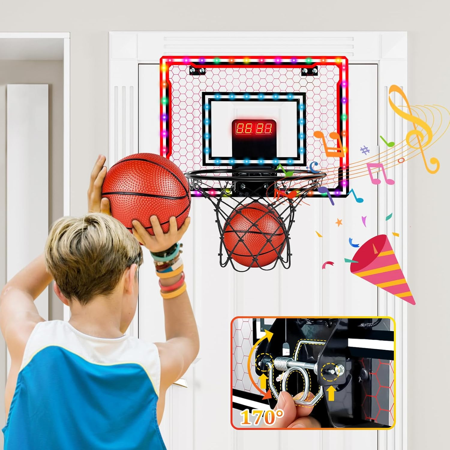 Indoor Basketball Hoop for Kids over Door Mini Basketball Hoop with 4 Red Rubber Balls Basketball Ring with Scoreboard Timer and Remote Control Gifts for 4-12 Year Old Boys Girls image number 1
