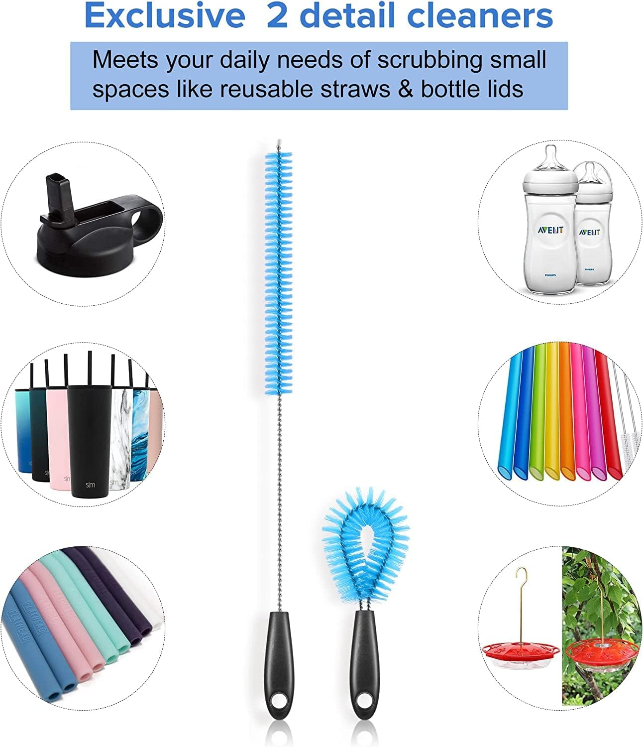 Bottle Brush Cleaning Set, Long Handle Bottle Cleaner for Washing Narrow Neck Beer Bottles, Wine Decanter, Narrow Cup, Pipes, Hydro Flask Tumbler, Sinks, Cup Cover Pack of 5 image number 1