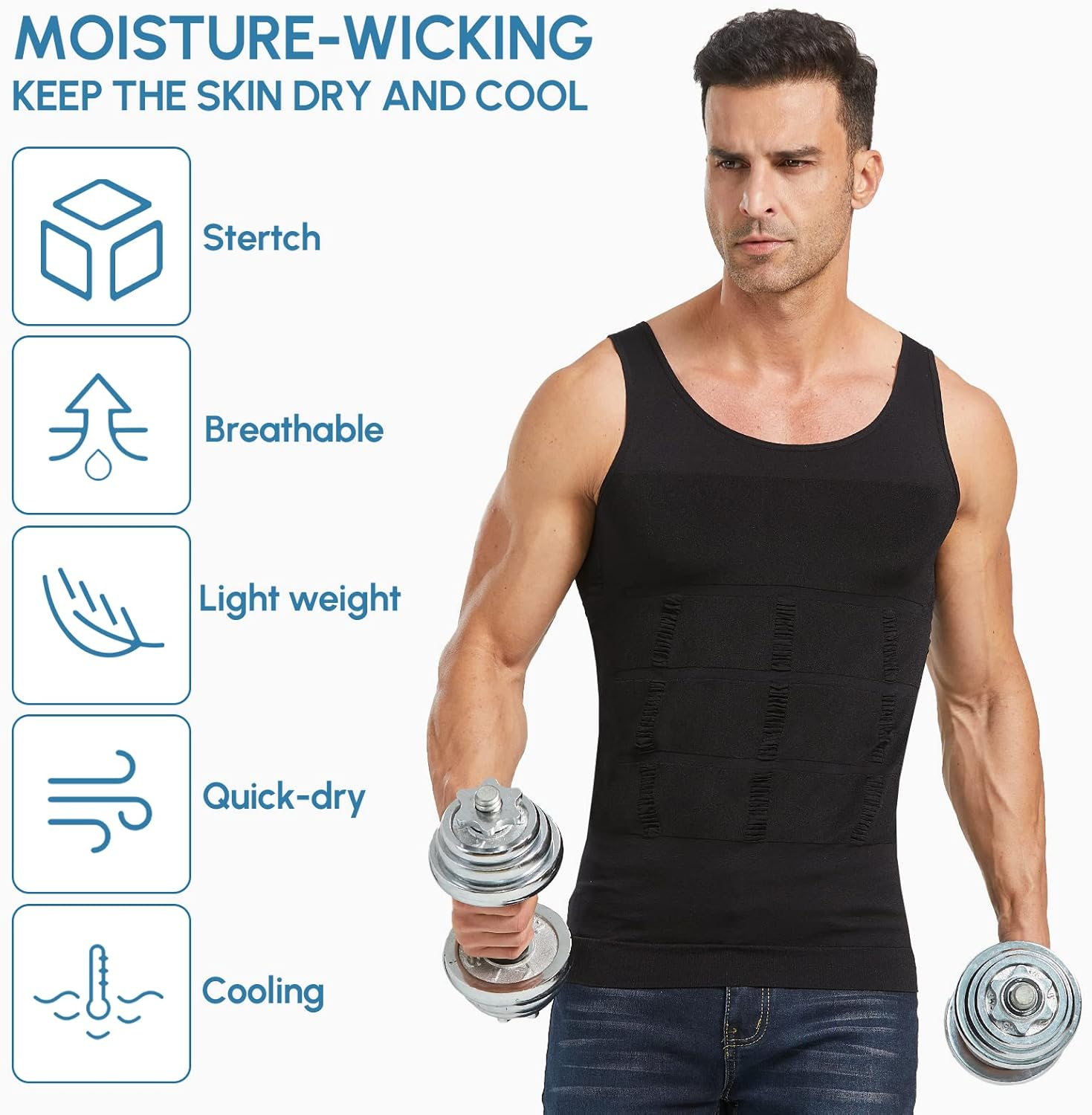 Men'S Shaper Slimming Undershirts T-Shirt Elastic Body Sculpting Vest Black Color image number 5