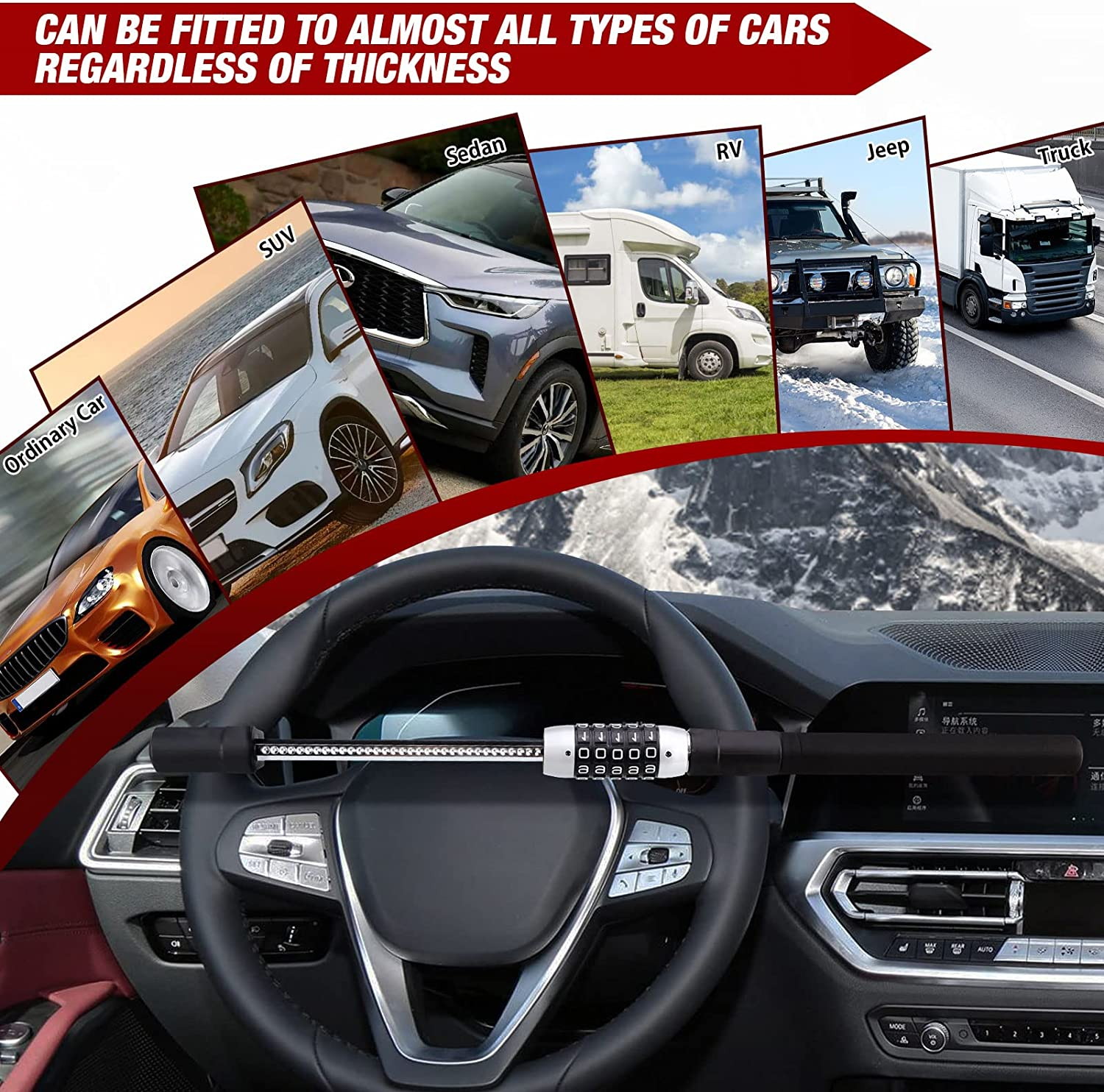 Steering Wheel Lock, Keyless Password 5 Coded Combination Lock, Heavy-Duty Protective Retractable Universal Model for Cars, Suvs, Vans, Trucks image number 4