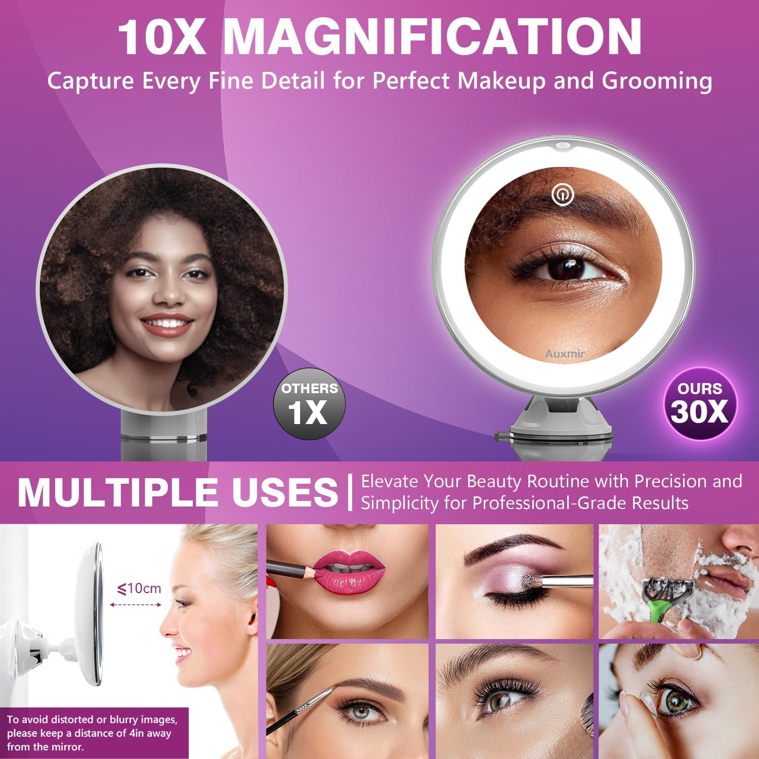 Auxmir Cosmetic Mirror with 30X Magnification, 2000 Mah LED Make-Up Mirror with Lighting, 3 Light Colours and Strong Suction Cup, 8 Inch Magnifying Mirror with Light, Dimmable Shaving Mirror For image number 5