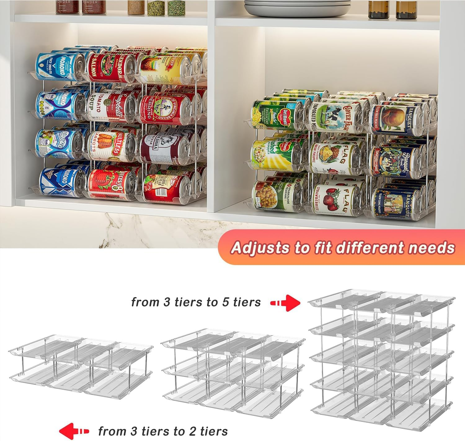 STORICANS Can Storage Organiser for Pantry ,Adjustable Height and Width Canned Goods Organiser, Soup Can Organiser Holds up to 36 Cans Food Dispenser Holder for Fridge,Kitchen Cabinet , 3 Tier(3 * 3) image number 3