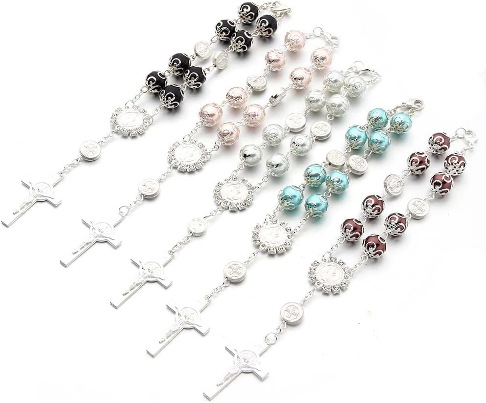 2-Piece Car Rosary & Cross Pendant Car Accessories, Rearview Mirror Hanging Ornament (White) - Blue image number 3