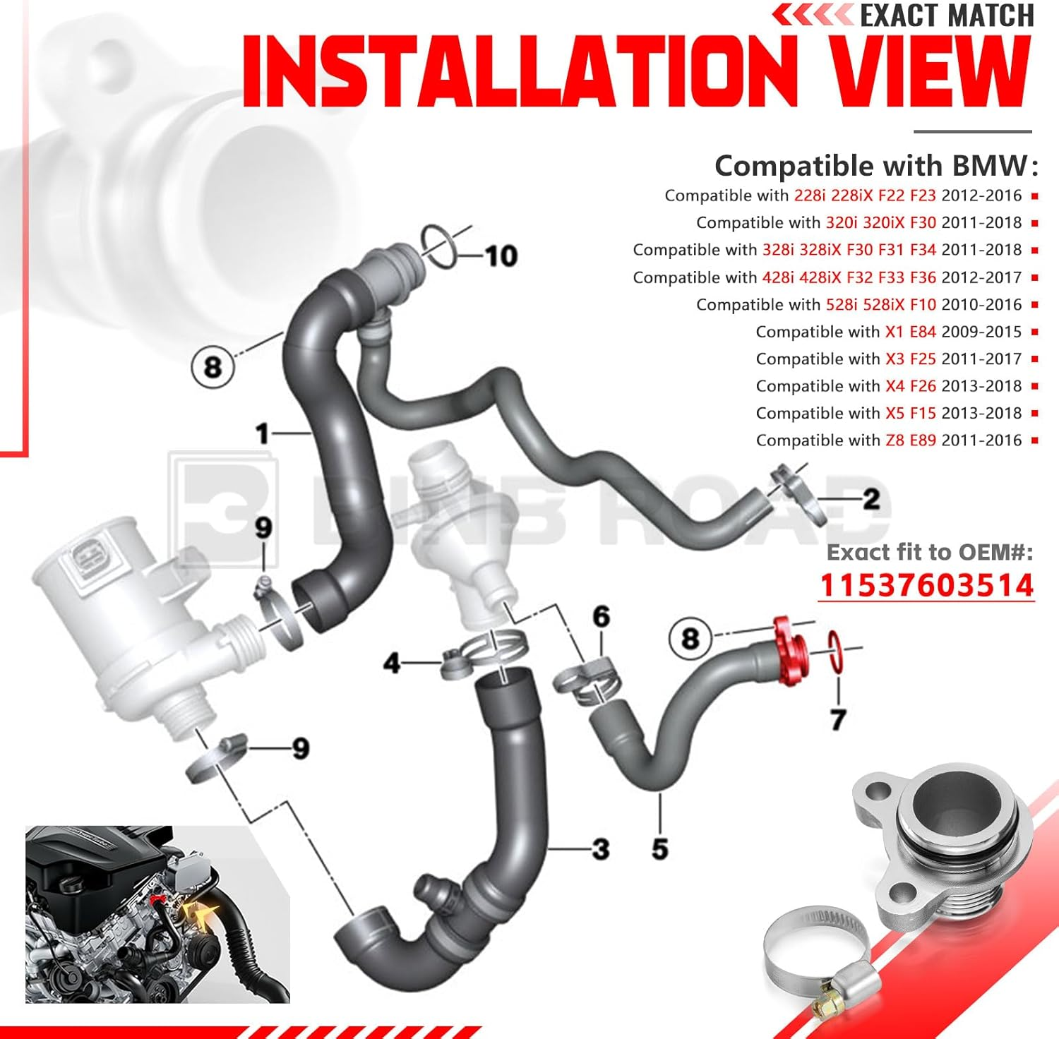 BINB Road Coolant Hose Metal Flange Upgrade 11537603514 Compatible with BMW 125I 220I 228I 320I 328I 420I 428I 520I 528I X1 X3 X4 X5 X6 Z4 image number 1