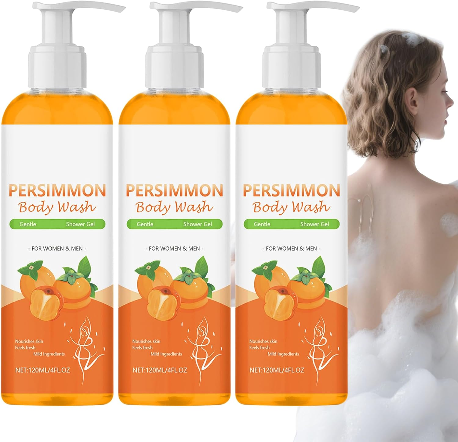Persimmon Body Wash for Old People Smell, Persimmon Body Wash, Bodys Odor Removal, Cleansing Bodys Deodorizing with Persimmons Extracts, Fresh Scent & Deeply Cleansing, for Old People Smell (4Pcs)