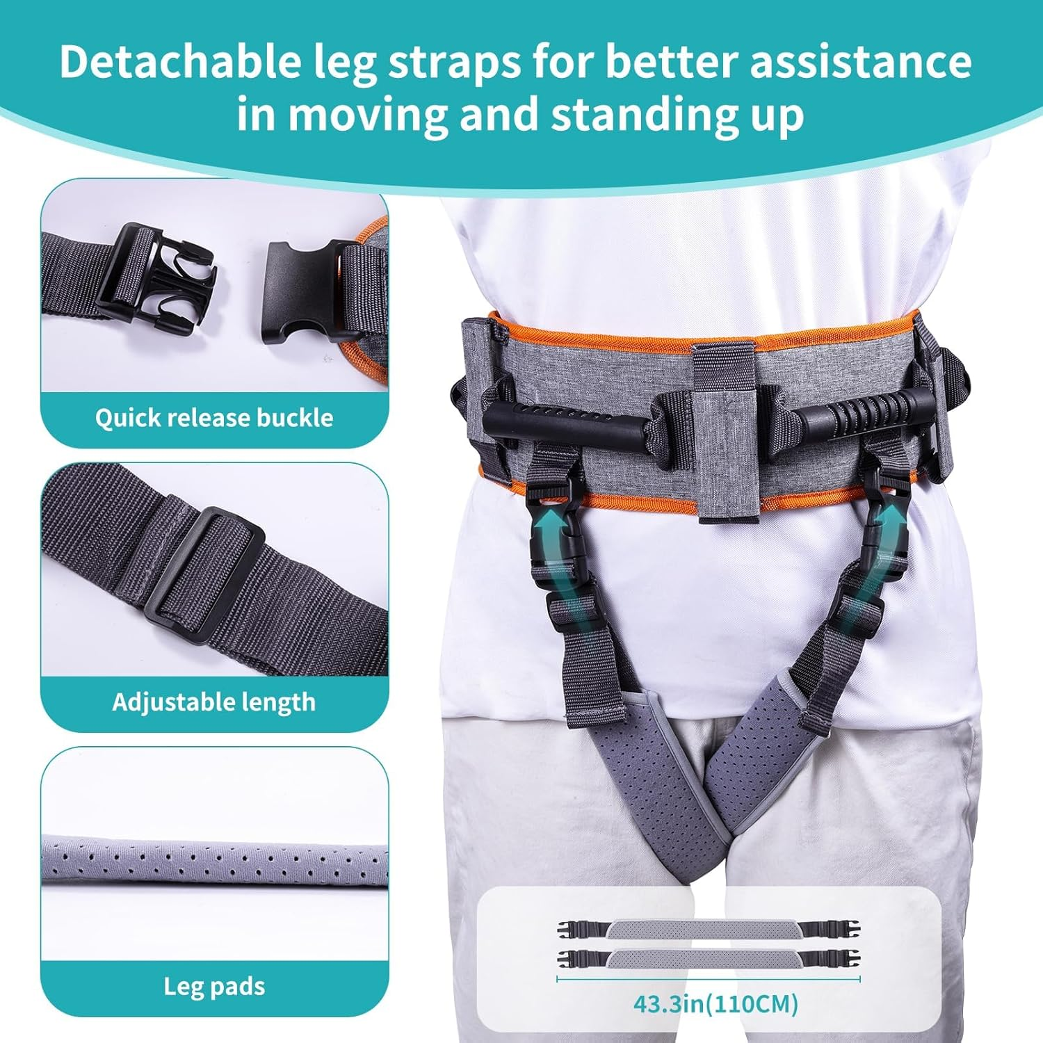 ENLUNTRA Gait Belts Transfer Belts for Seniors with 7 Handles and Detachable Leg Straps，Gate Belt for Elderly Lift Belts with Quick Release Buckle，Patient Transfer Belts for Lifting Seniors, Orange-Grey, 90Cm image number 1