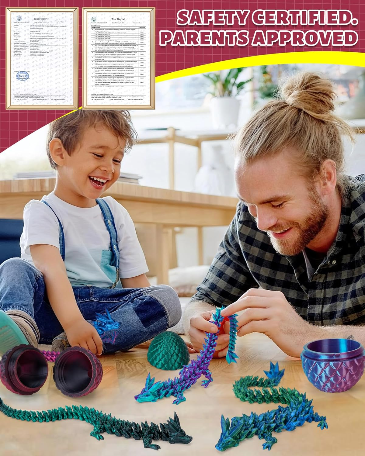 3D Printed Dragon Egg with Articulated Dragon inside - Adult Fidget Toys for Autism ADHD (Black Red) - 4Pcs-B image number 6