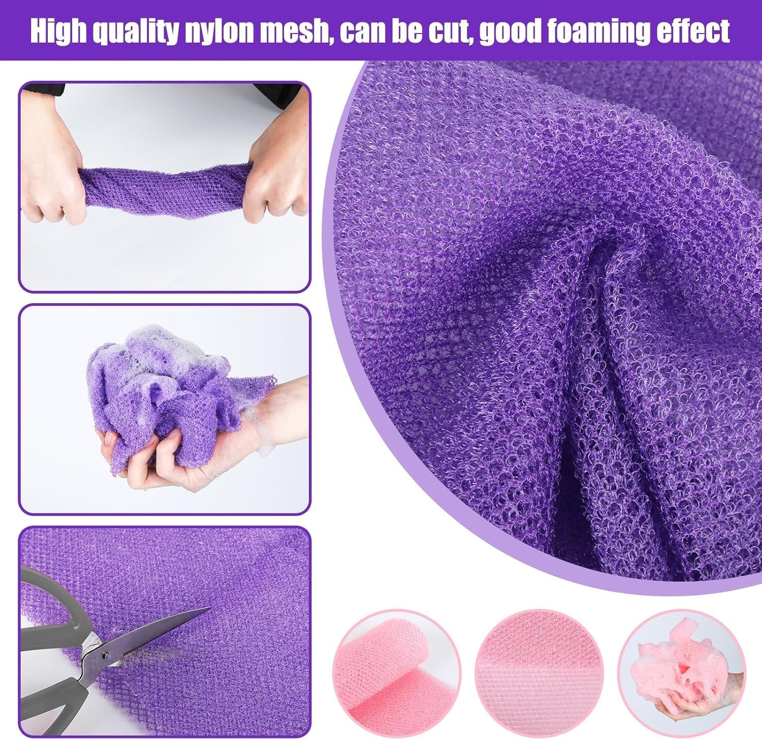 Net Scrubber Nylon Mesh Bath Sponge, 4Pcsexfoliating Body Scrubber Washcloth Sponge,Body Back Scrubber Towel Bath Wash Cloth, Body Exfoliator Loofah Luffa Sponge Net Rag image number 5