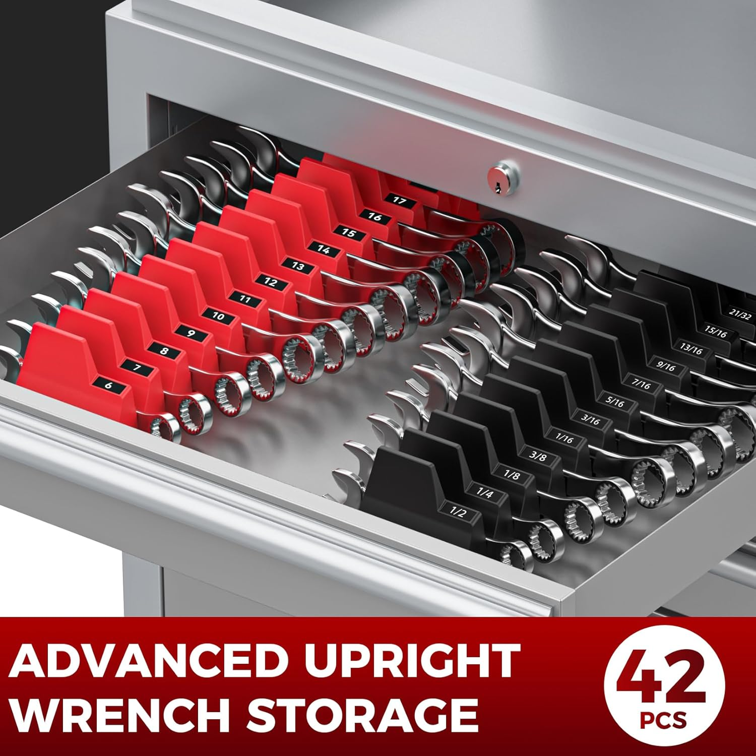 PINOZE 42PCS Magnetic Modular Wrench Organizers for Tool Drawers - Black & Red - Wrench Rack with Metric & SAE Labels, Customizable Magnet Tool Storage Holder for Tool Box Organization