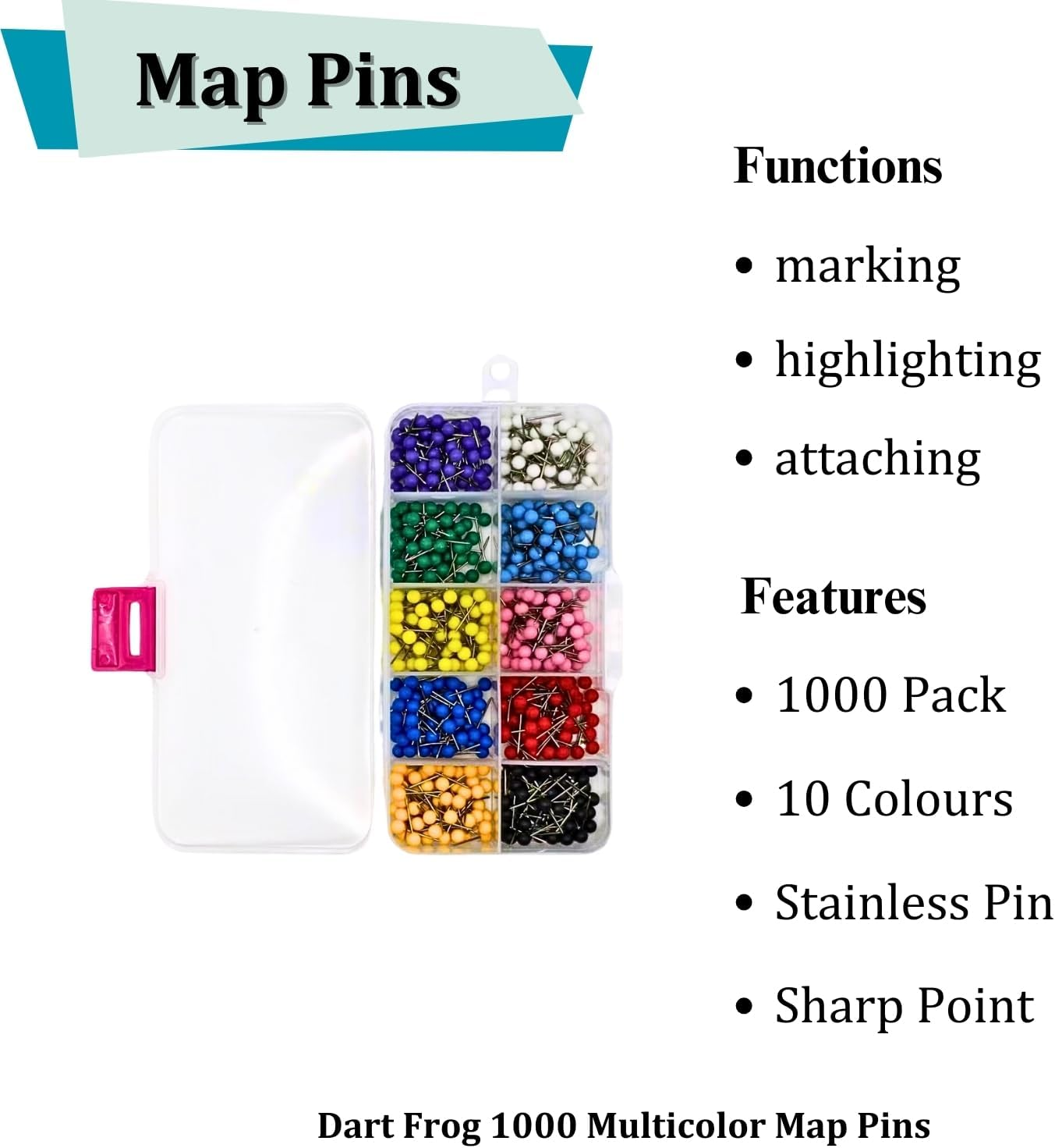 Dart Frog 1000 Multicolour Map Pins, 10 Assorted Colours