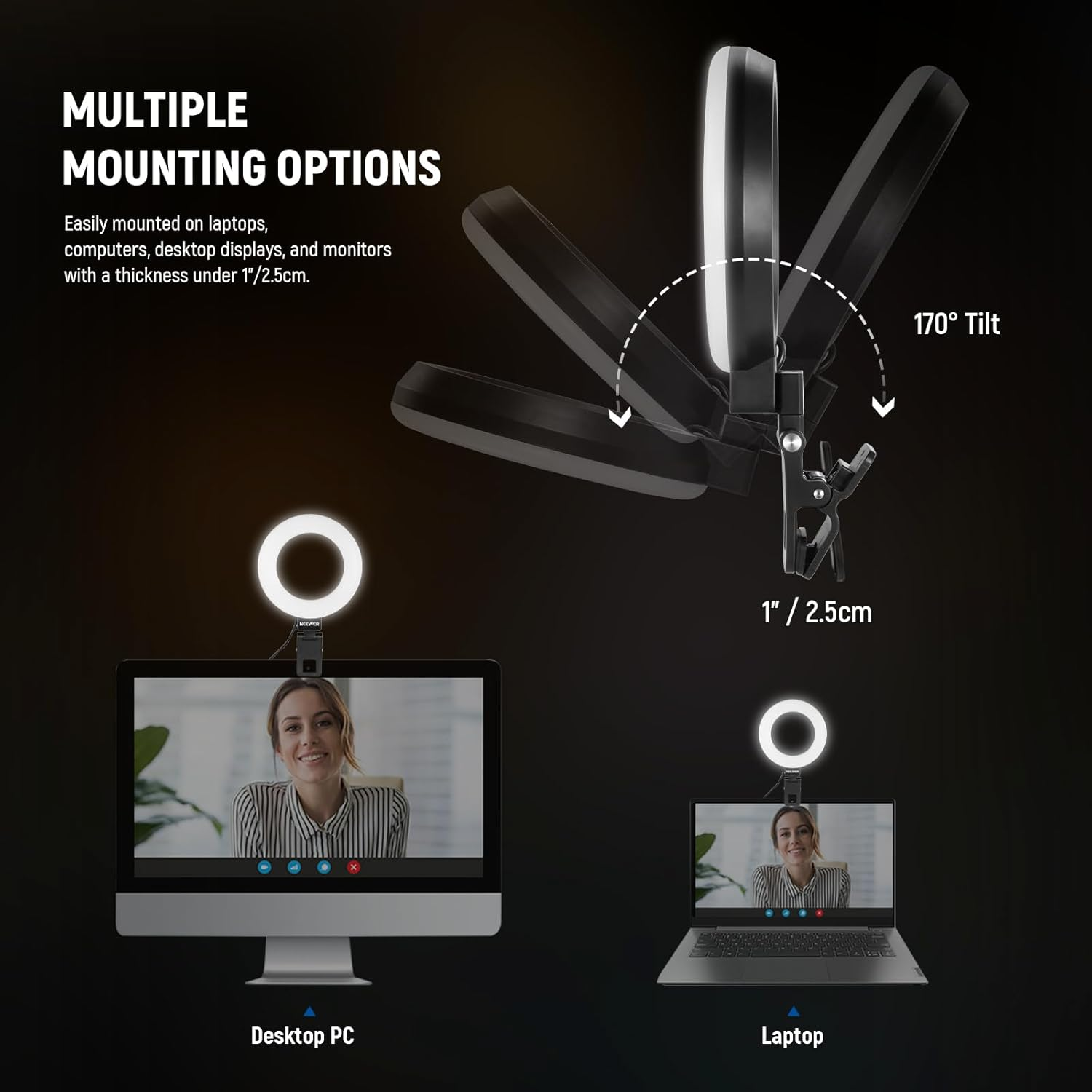 NEEWER Basic 5" Ring Light for Video Conference Lighting, Clip on Light Kit with Desk Tripod Stand for Monitor Laptop Computer Zoom Call Live Streaming Remote Working Learning Video Recording, BR60 image number 5
