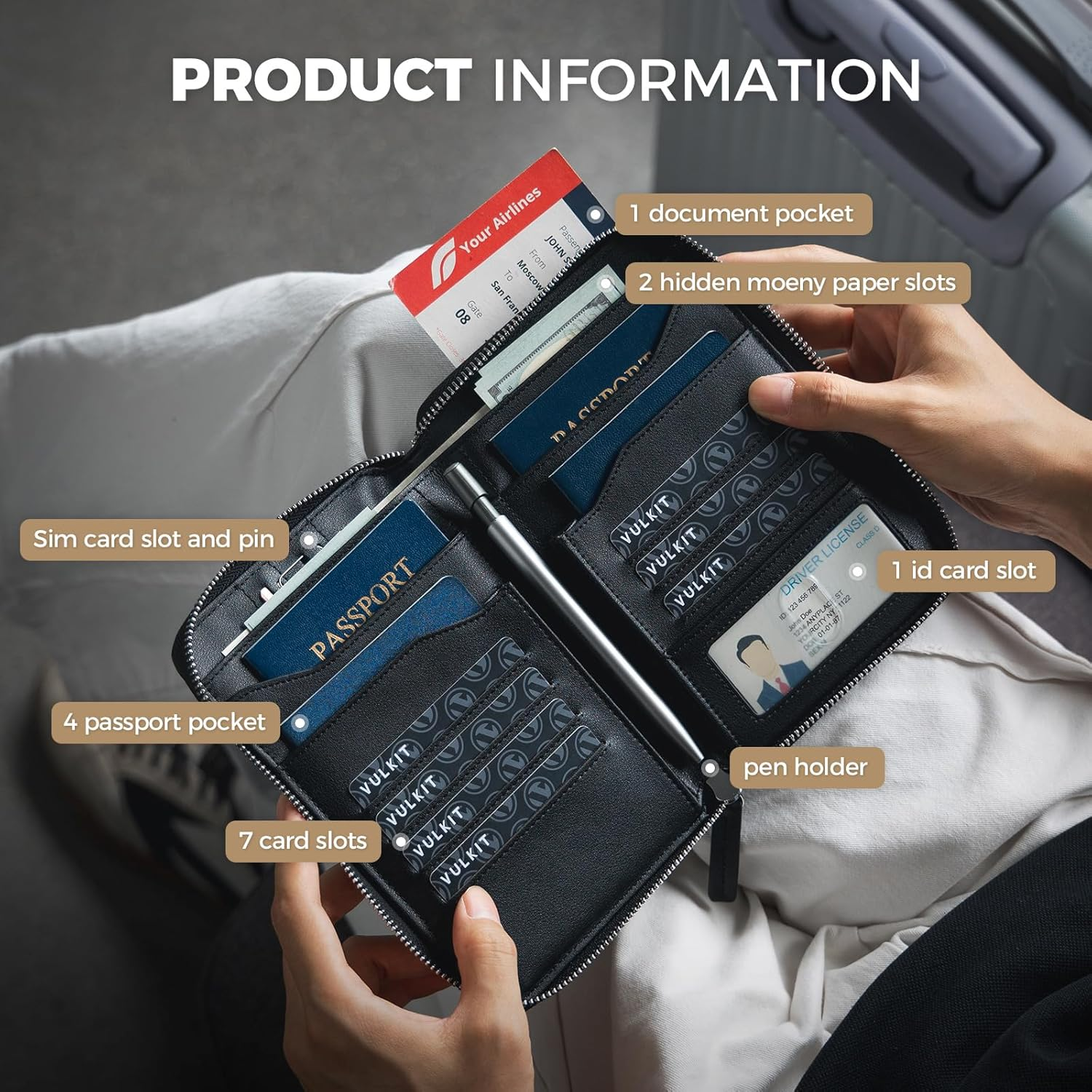 VULKIT Leather Passport Holder for 4-8 Passports Family Passport Wallet with Zipper Travel Documents Organizer for Men or Women(Black) - Brown image number 5