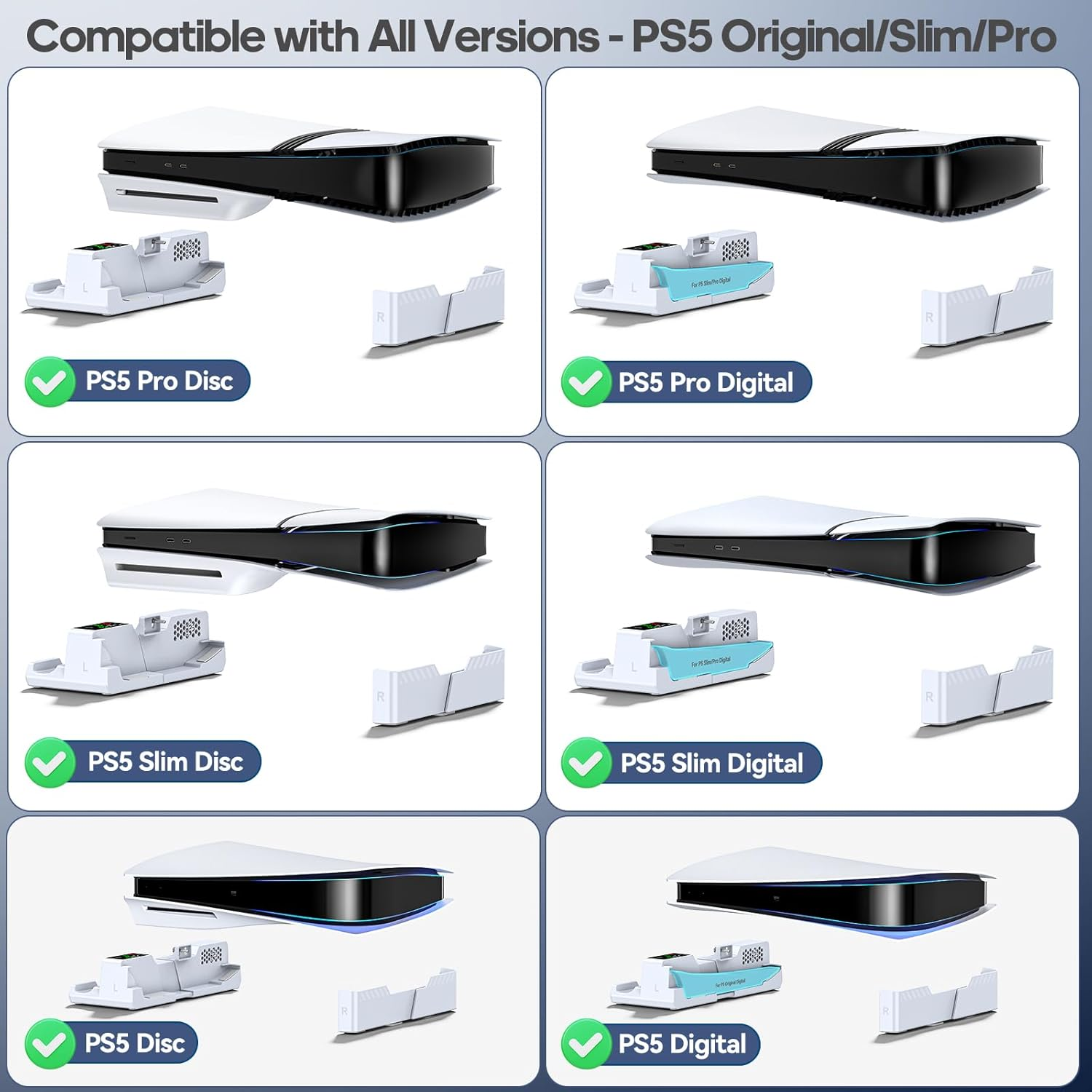 PS 5/Slim/Pro Horizontal Stand with Cooling Fan & PS 5 Controller Charger for Original & Edge Controllers, P S5 Cooling Stand with Scalable Design & EVA Foams for All P S5 Disc & Digital Console, White image number 5