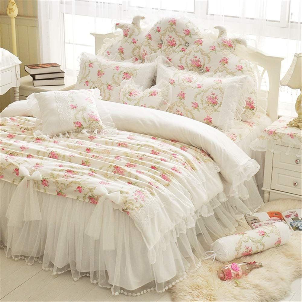 LELVA Girls Bedding Set Lace Ruffle Duvet Cover Sets with Bed Skirt Princess Bedding Set Vintage Floral Print Duvet Cover Twin Size 4 Piece (King, White) image number 1