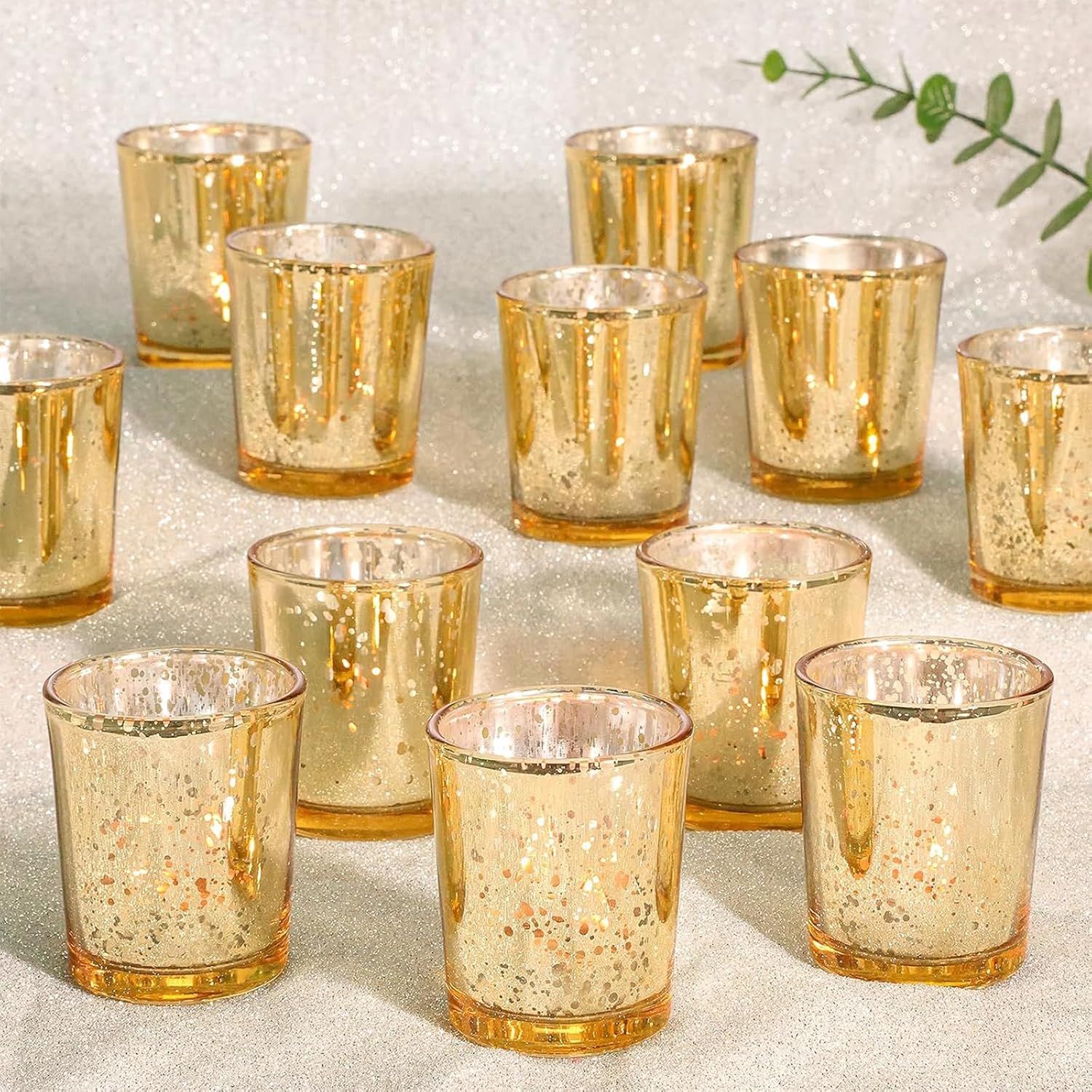 Votive Candle Holders Set of 12, Golden Speckles Mercury Glass Tealight Candle Holder, Wedding Centerpiece Table Decorations, for Bridal Shower, Baby Shower & Home Decor image number 4