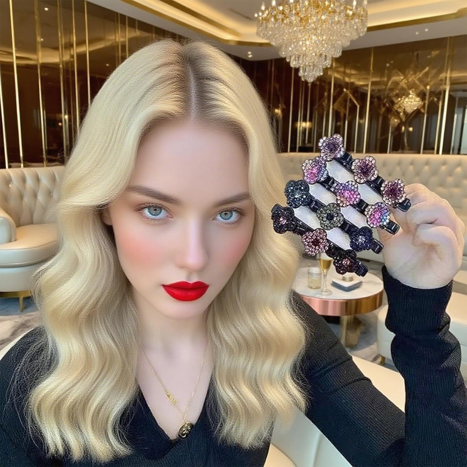 HSUYUN Pack of 12 Sparkling Double Layer Hair Clips, Women'S Stylish Hair Clips, Flower Hair Clips, Double Layer Structure Hair Clip, for Daily Classes, Work and Dance Performances