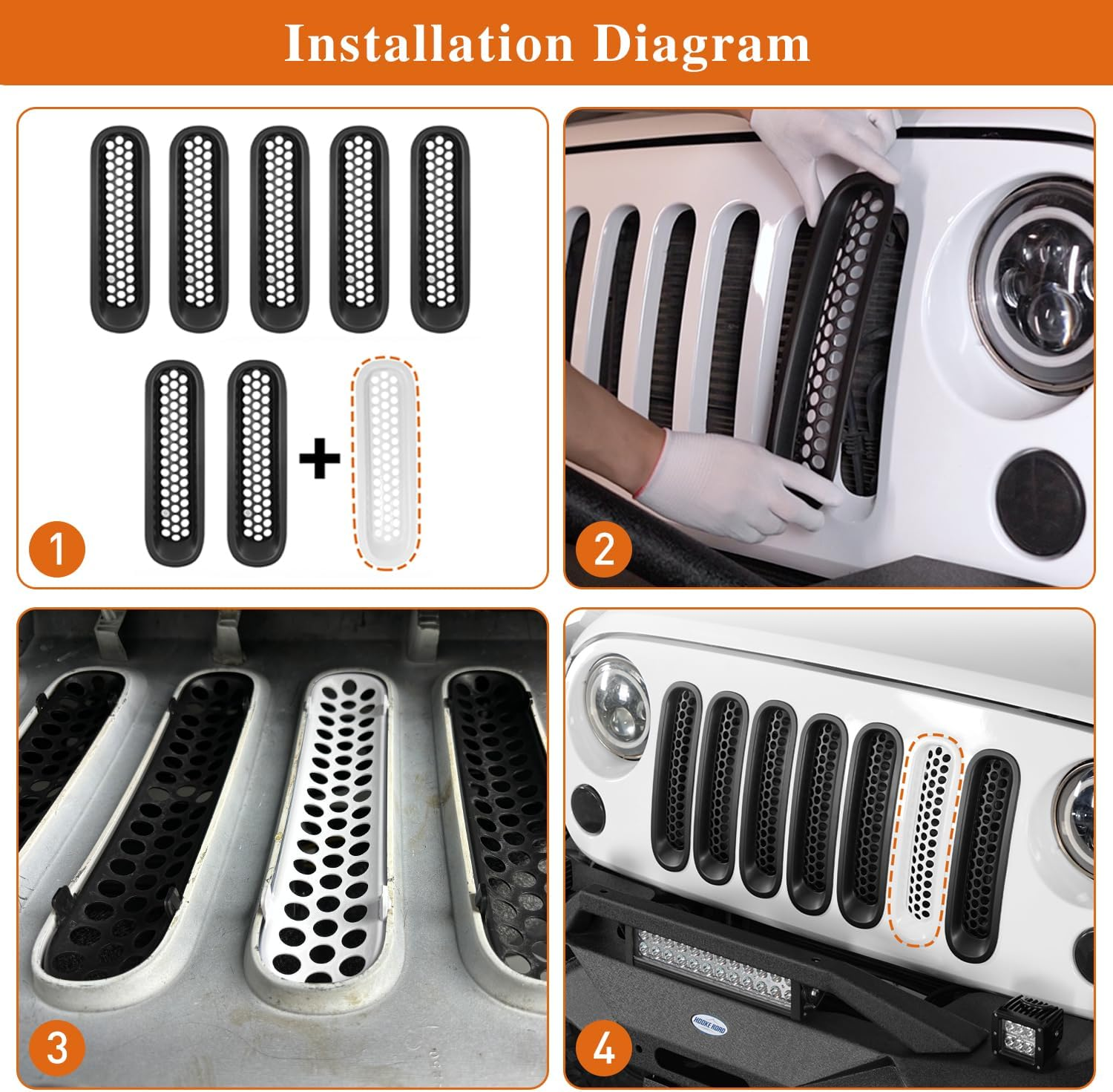 Opar Matte Black Front Clip in Mesh Grille Inserts for 2007-2015 Jeep JK Wrangler & Wrangler Unlimited (Pack of 7)