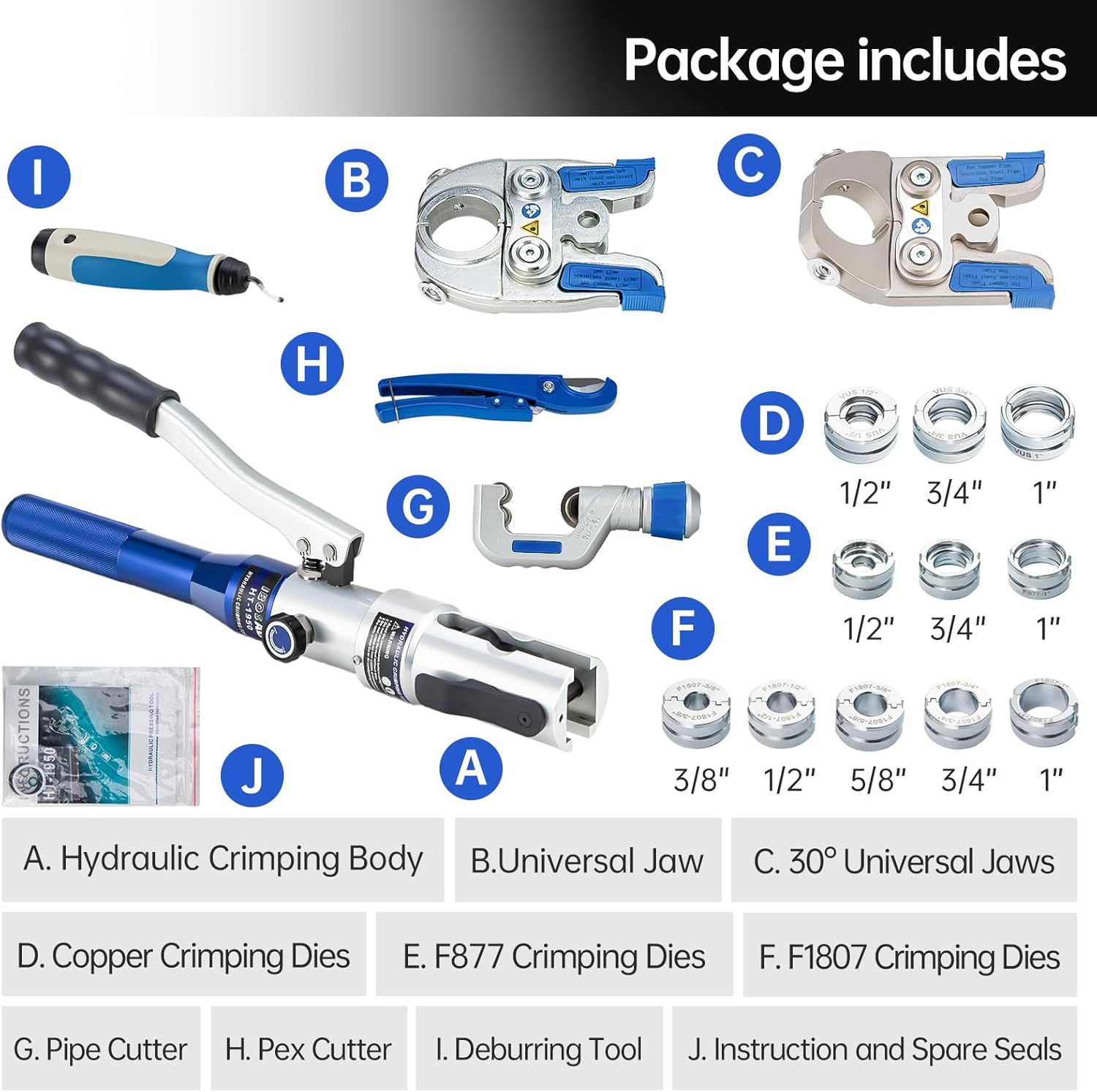 IBOSAD Hydraulic Copper Pipe Tube Fittings Crimping Tool with 30&deg; Angle Jaw - 1/2, 3/4, 1" Die for Copper and F877 Stainless PEX Press Sleeves, 3/8" to 1" Die for F1807 PEX Ring image number 1