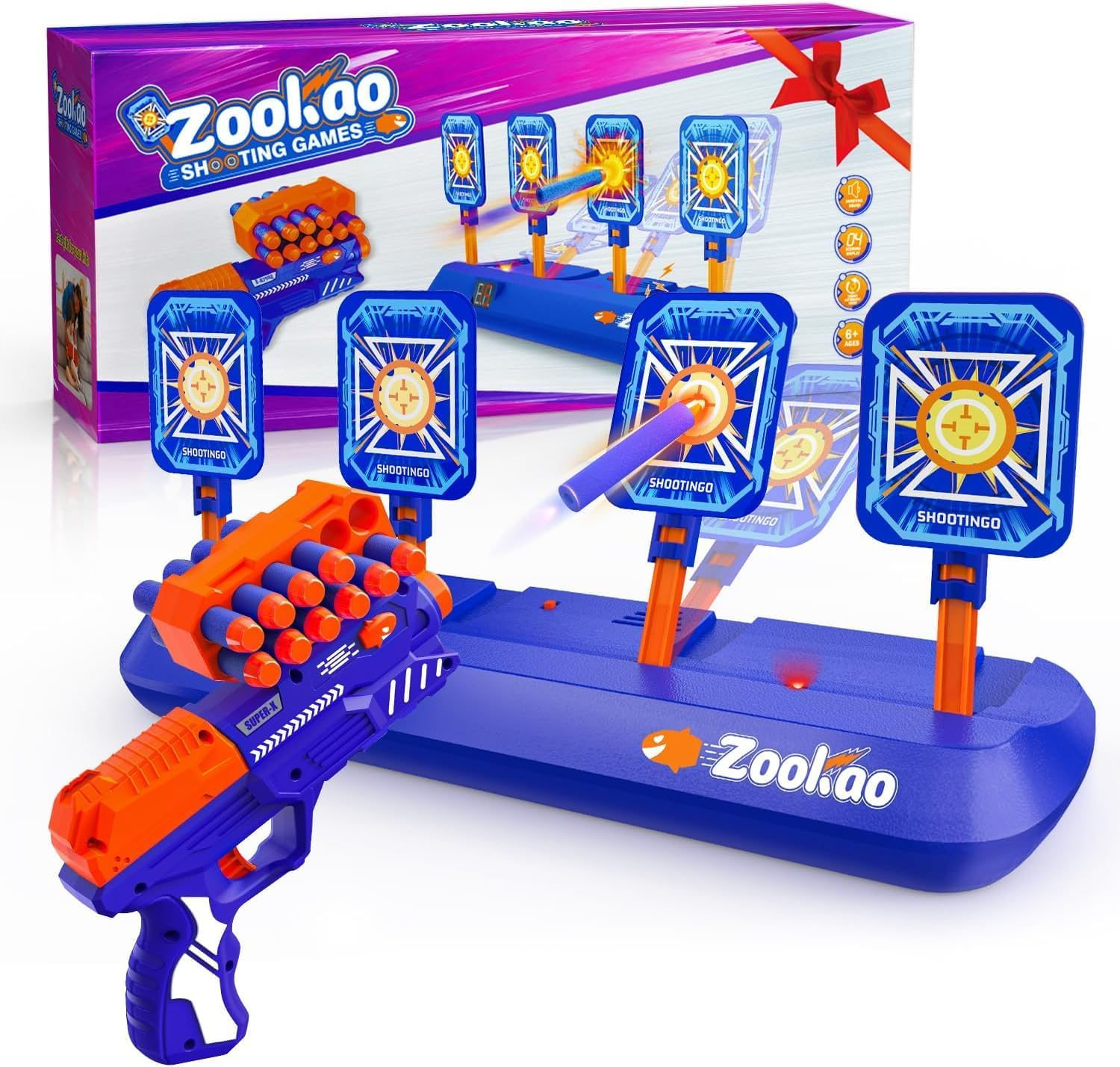 Zookao Digital Shooting Targets with Toy Gun, Nerf Gun Toy with Electronic Scoring Auto Reset 4 Targets, Shooting Games Toys for 6, 7, 8, 9, 10+ Years Old Boys Girls, Halloween for 6-12 Years Old Boys
