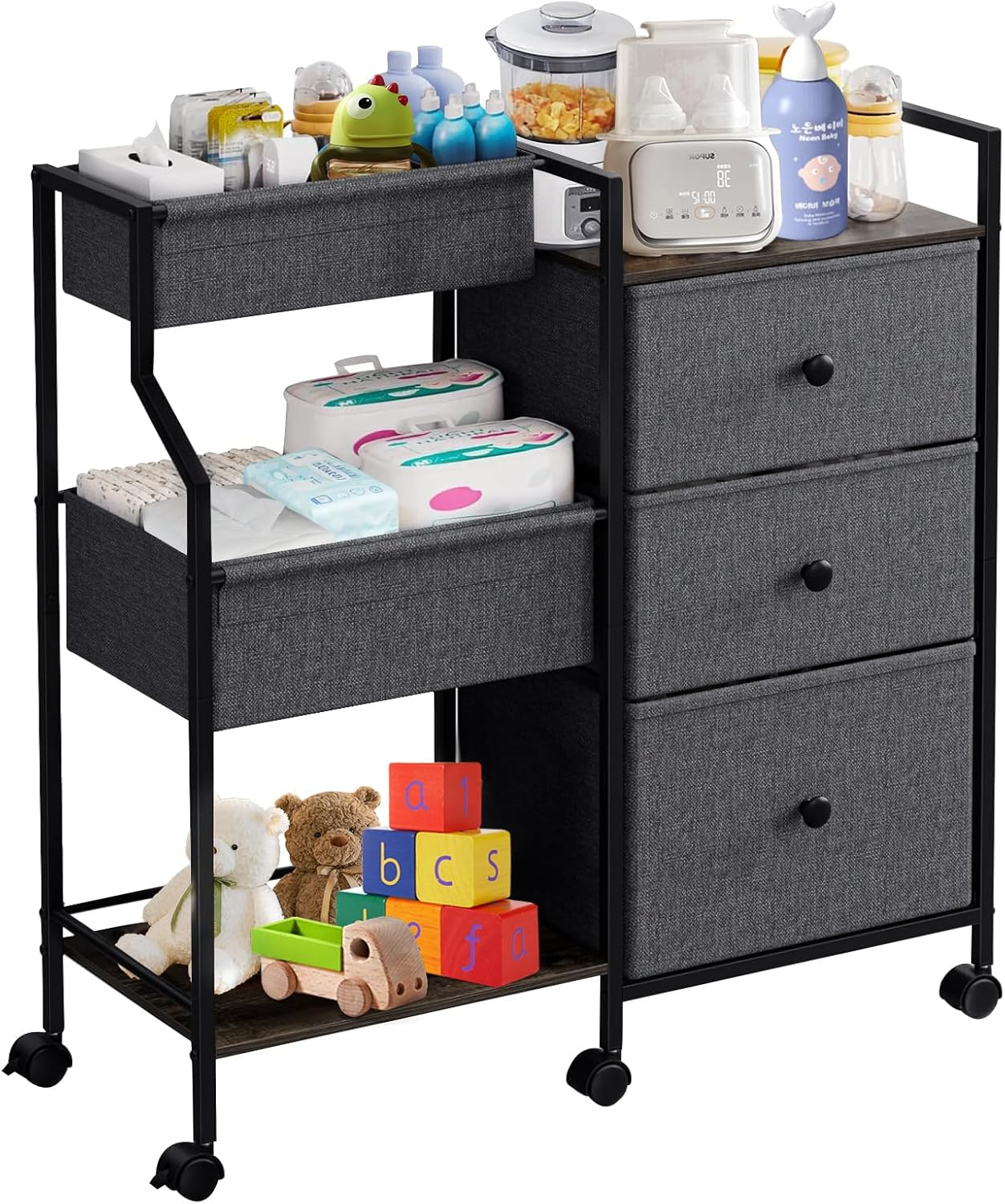 Hiaksedt Baby Diaper Caddy Organizer and Storage, 3 Tier Rolling Cart with Drawers and Dividers Baby Nappy Bin Newborn Essentials Cart for Nursery, Bedroom, Changing Table & Crib image number 4