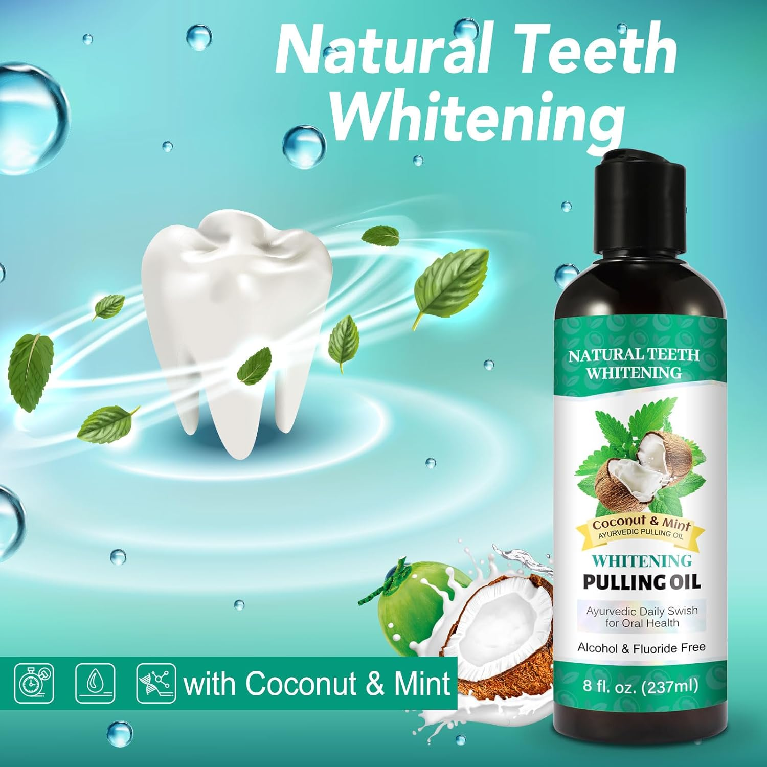 Oil Pulling 8 Fl.Oz,Mint Oil Pulling Mouthwash with Tongue Scraper, Natural Pulling Oil with Coconut & Peppermint Oil-Supports Healthy Gums & Fresh Breath