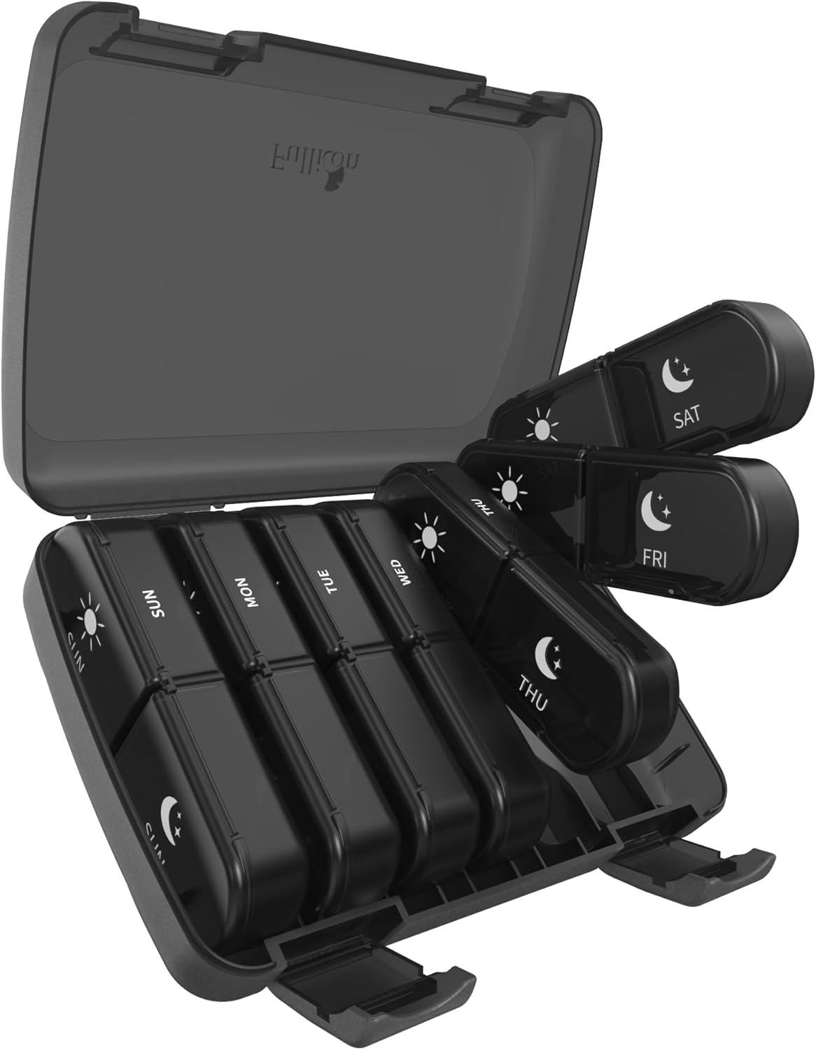 Fullicon Extra Large AM PM Pill Organiser 7 Day &ndash; Weekly Pill Box 2 Times a Day, Travel Medicine Container, Vitamin & Supplement Dispenser, Jumbo Dosette Case for Purse or Handbag (Black)