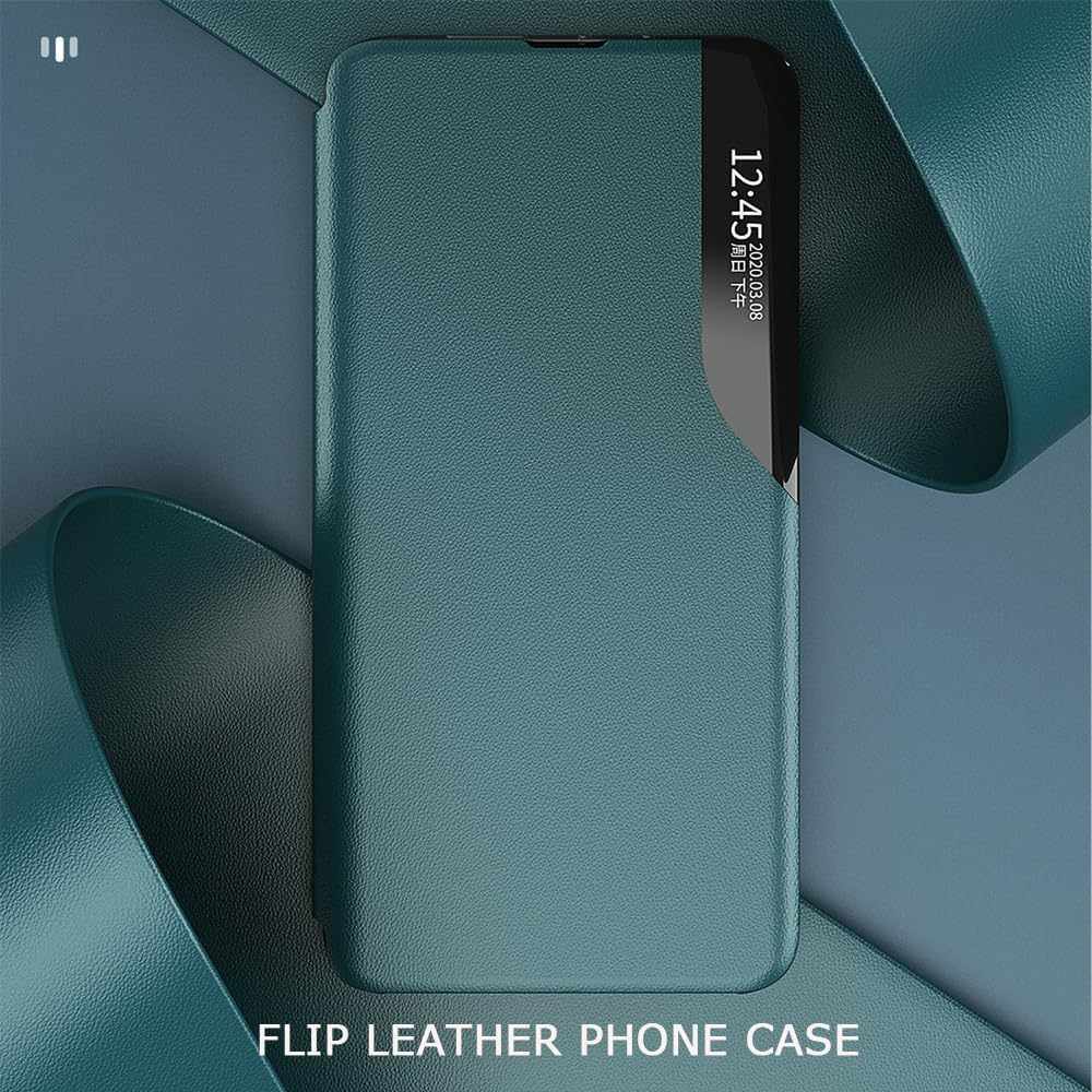 Compatible with Samsung Galaxy S22 Ultra Case, Smart Clear View Windows Case + Flip PU Leather Stand Cover for Women Men, Shockproof Drop Protective Cover for Galaxy S22 Ultra Black QHC