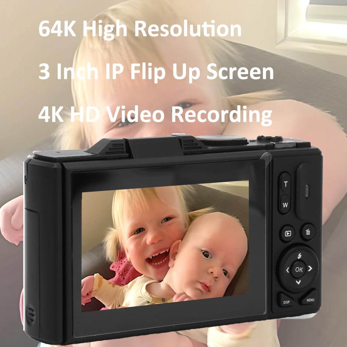 Digital Camera for Photography, 4K 5K Vlogging Cameras Youtube 3" 180&deg; 64MP Flip Screen 18X Digital Zoom Compact Tiktok Camera 64GB TF Card 2 Batteries, USB (Black) - White image number 2