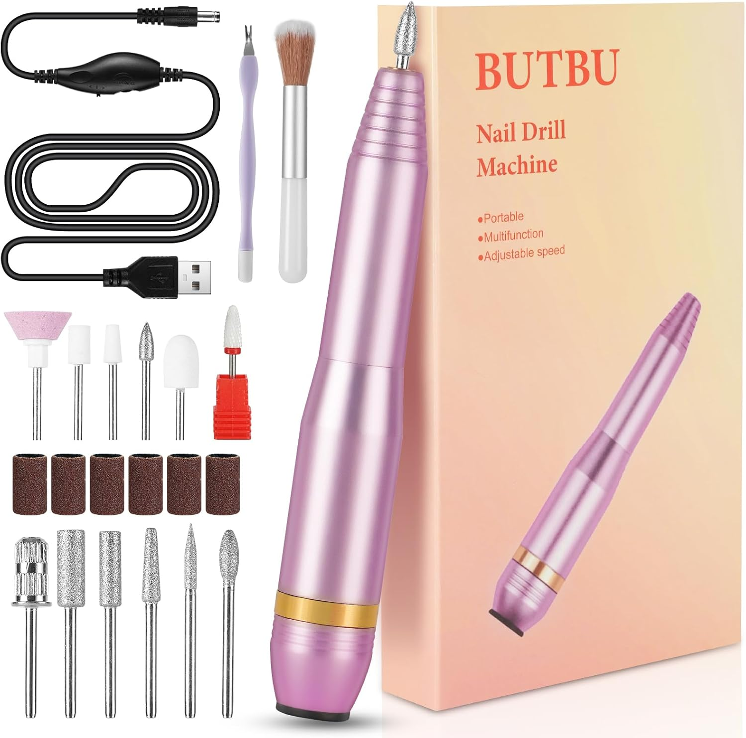 BUTBU Electric Nail Files, 6 in 1 Professional Electric-Nail Drill Machine, Adjustable Speed 20000 RPM Manicure Pedicure Set with 5 Drill Bits, for Nails Gel Polish, Hard Skin Removal