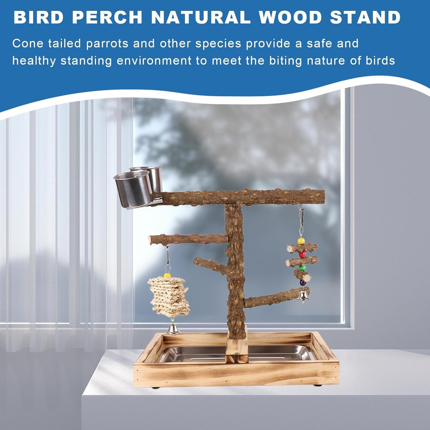 Gamepark for Birds - Integrated Feeder, Endurance Gym Training, Indoor Food Toys Exterior Gym Equipment Portable Picote Resistant Natural Wood Posts Gymnastic Bird Game Park | Integrated Resistance image number 2