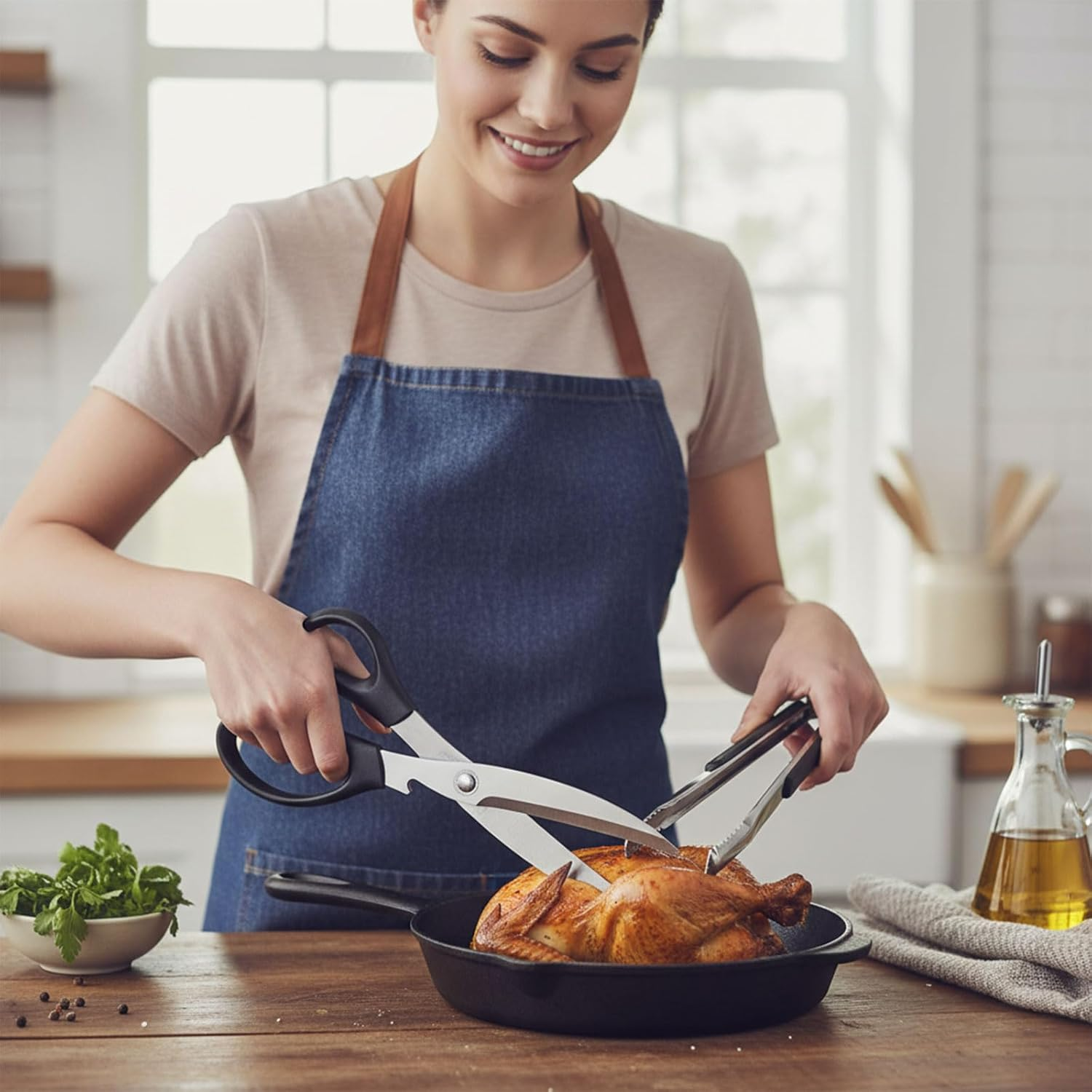 Kitchen Scissors and Tongs Set, Stainless Steel Multipurpose BBQ Shears for Cutting Meat, Chicken, and Vegetables, Non-Slip Serrated BBQ Scissors with Cooking Tongs for Grilling image number 4