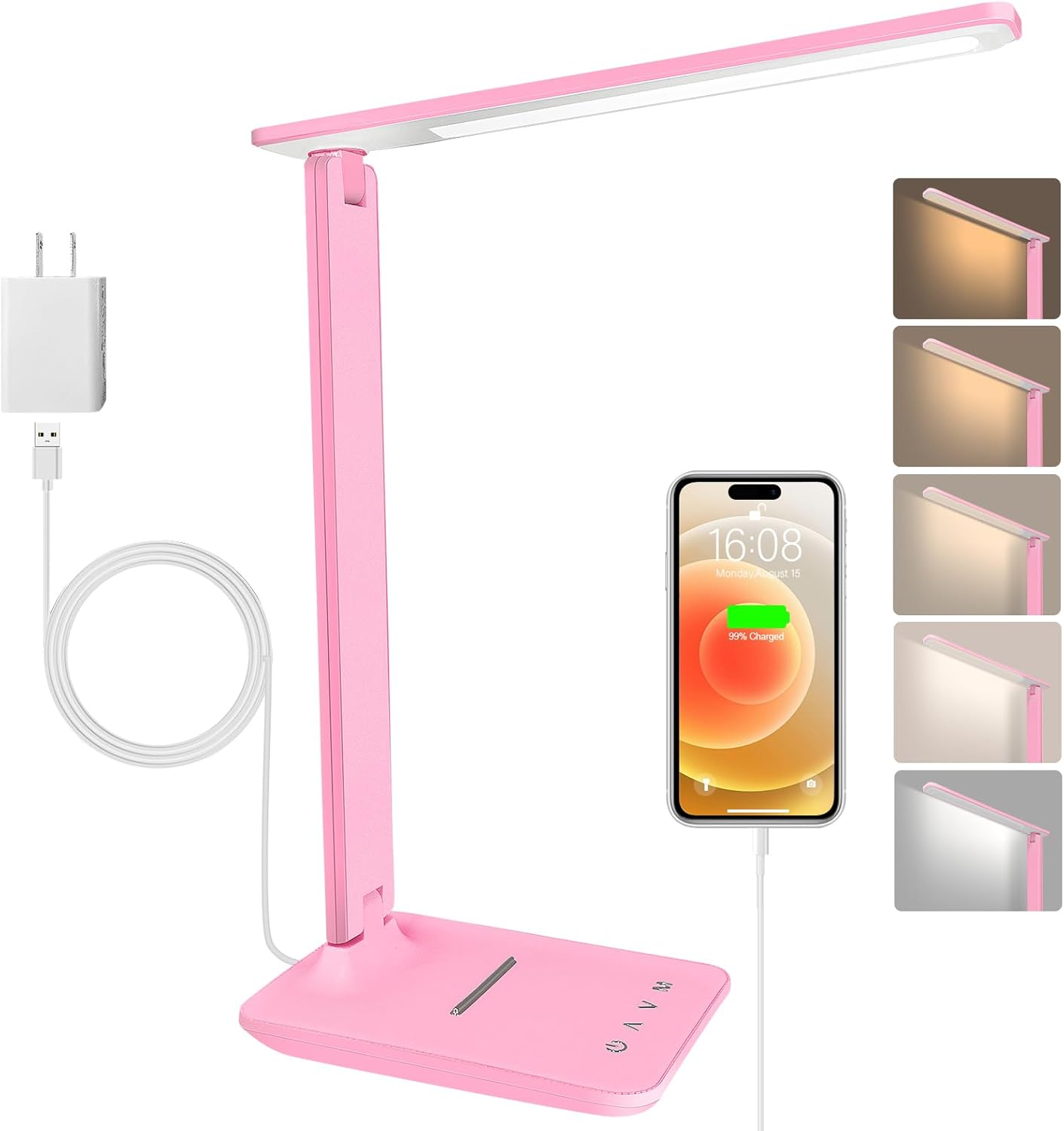 Jumoking Desk Lamp LED Dimmable Eye Protection, Desk Lamp with 5 Colours and 5 Brightness Levels, Table Lamp with USB Charging Port, Touch Control for Children, Bedroom, Reading, Offices (White)