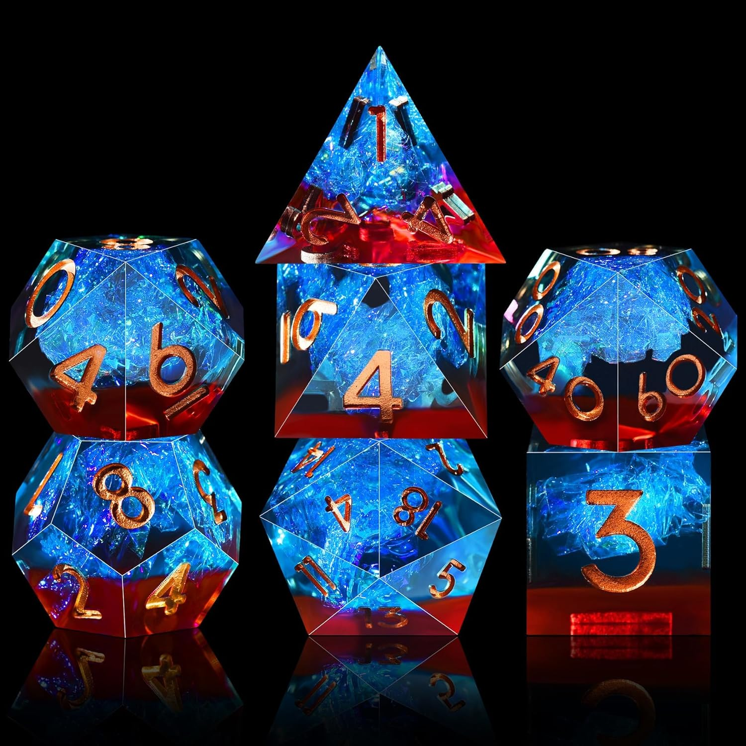 AUSTOR 7-Die DND Dice Set Handmade Sharp Edge Polyhedral Dice for Dungeons and Dragons RPG MTG Table Games（Flame Red & Ice Blue） - Black  Blue image number 4
