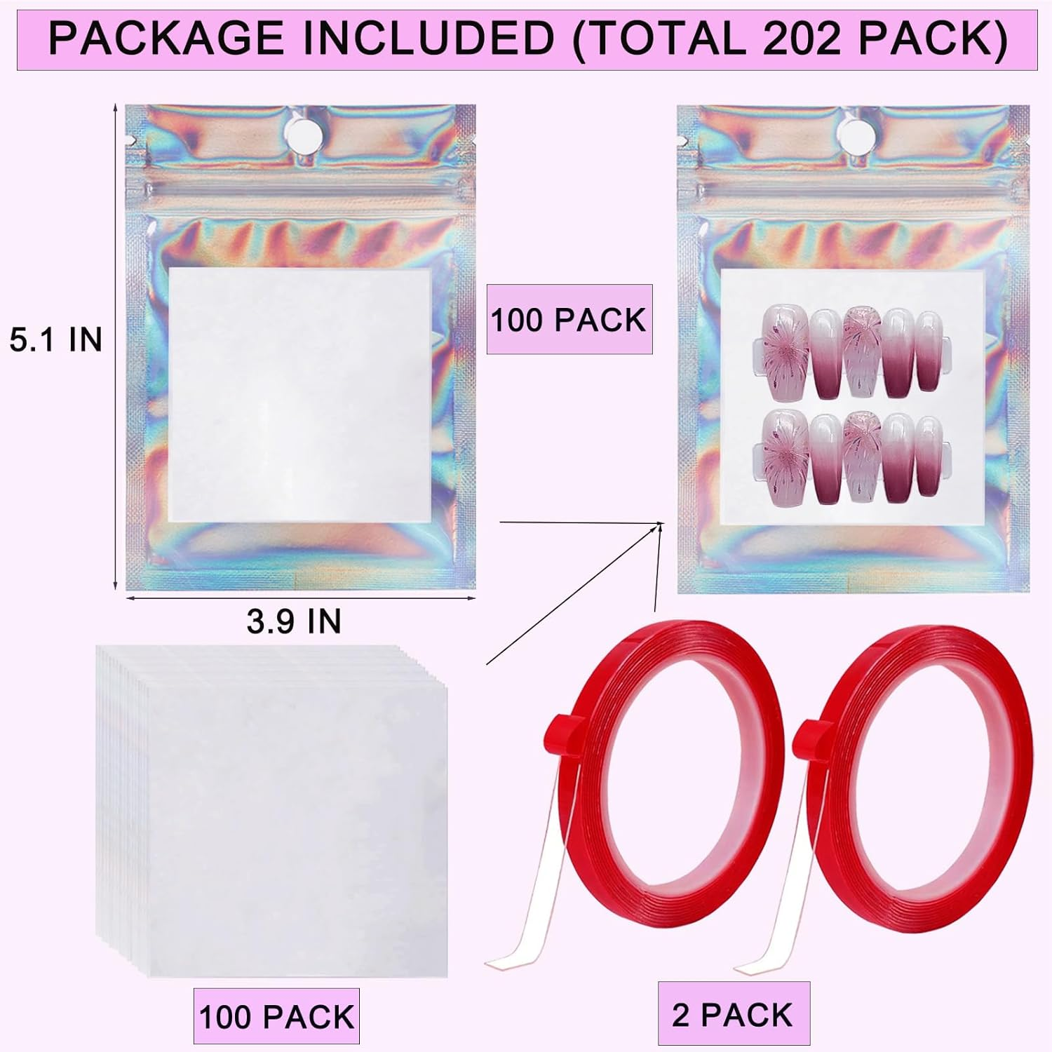 100 PCS Press on Nail Packaging Bag for False Nail Tips Holographic Press on Nail Storage Bag 100 PCS White Card with 2 Roll Transparent Tape for Nail Display Fake Nail Storage Organizer Nail Supplies image number 1