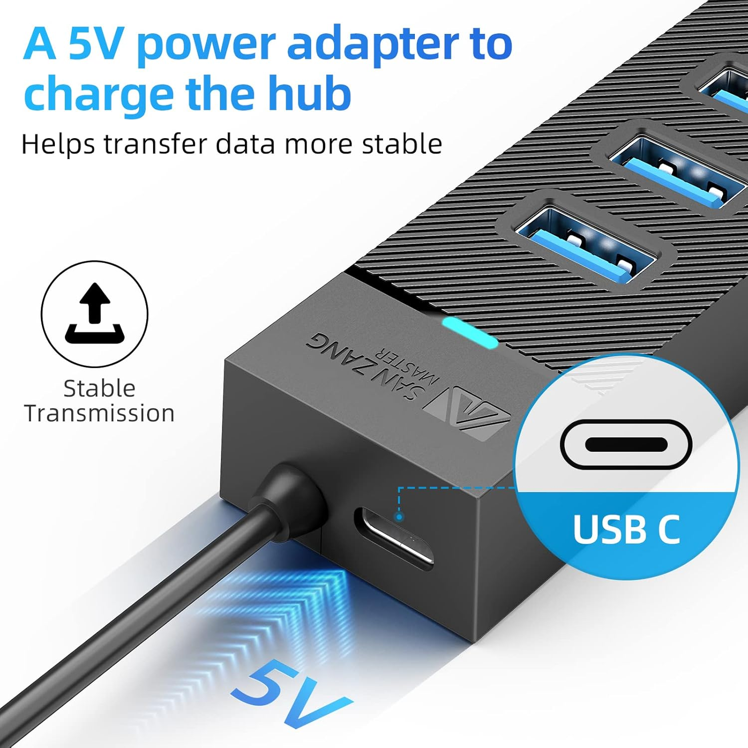 SAN Zang 7 Port USB Hub, USB 3.0 Hub with 100Cm Cable, USB Distributor with 5V/3A Power Supply Port, Data Hub for Laptop, Macbook Pro/Mini, PS, Mobile HDD, Printer, Camera and More, without Power