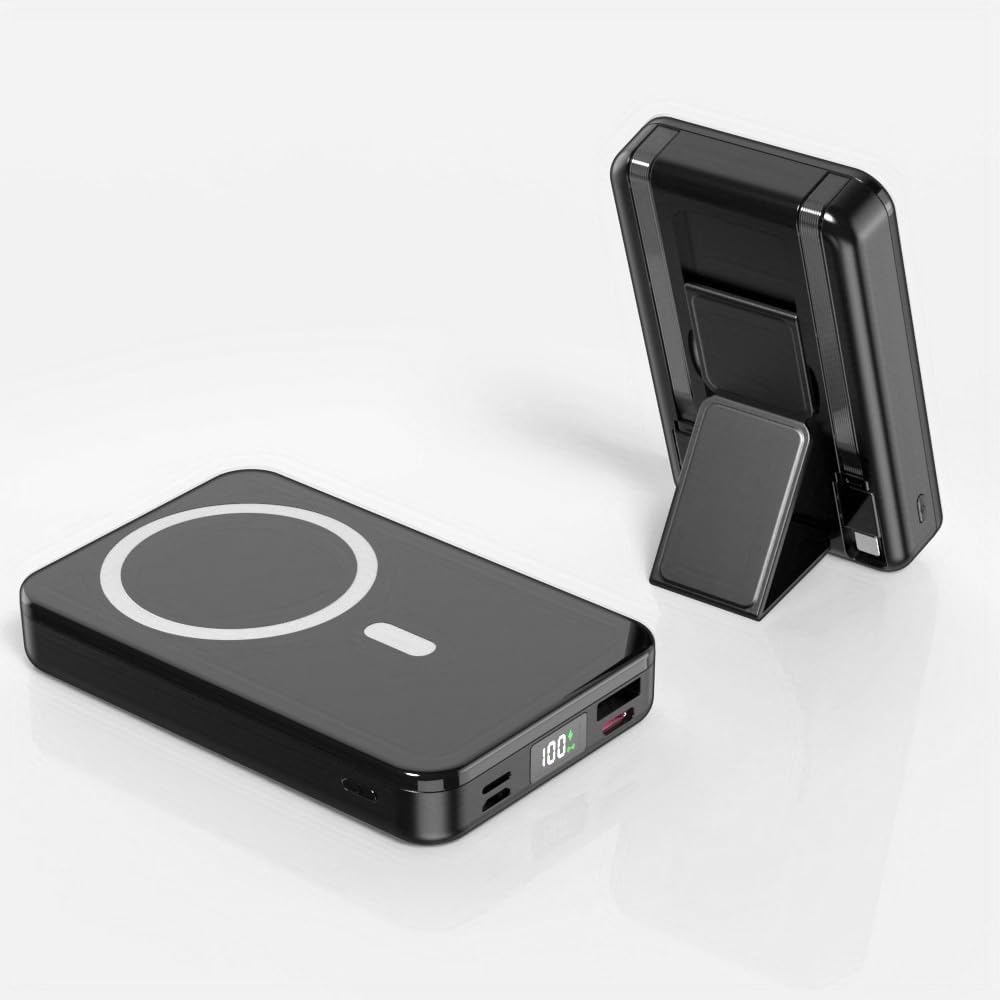 Magnetic Power Bank 20000Mah Portable Charger Wireless LED Display 22.5W Fast Charging Built in 2 Cables and Type-C/Lighting/Usb with Foldable Stand Compatible with Iphone 17 Cell Phone Series-Black