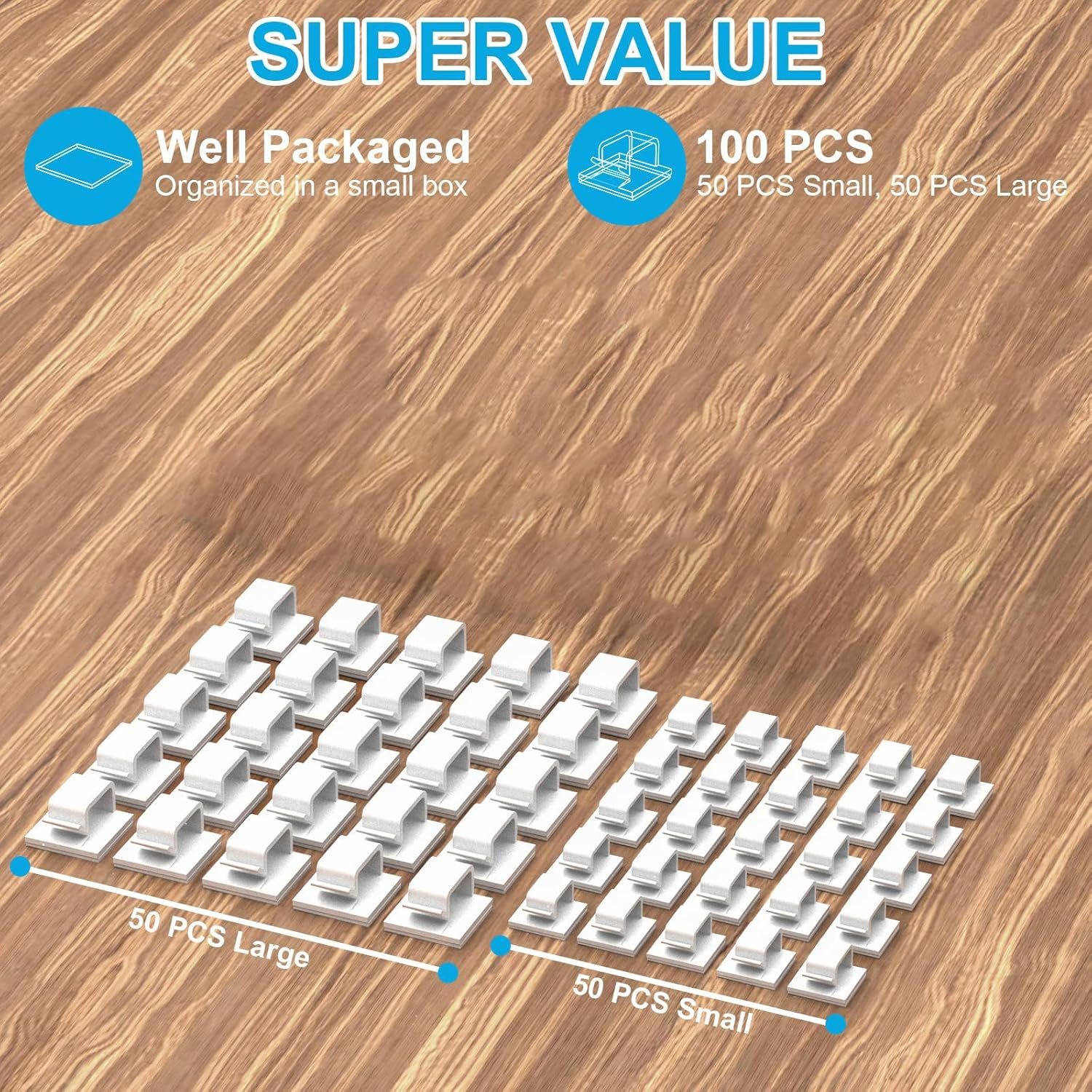 100 PCS Adhesive Cable Clips White (Small & Large), Upgraded Wall Wire Holder for Cord Organizer Cable Management, Indoor/Outdoor Light Clips Hooks for LED, Car Dash Cam, HDMI, Extension Cord