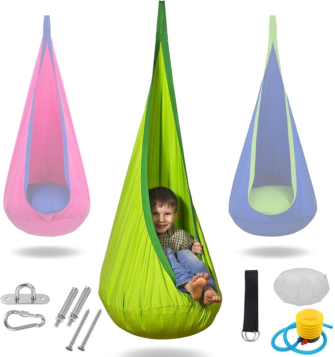 Visuivit Kids Pod Swing Seat, Cotton Child Chair with Inflatable Pillow, Sensory Swing Chair with Pocket for Outdoor and Indoor, Max 170Lbs/77Kg (Red)