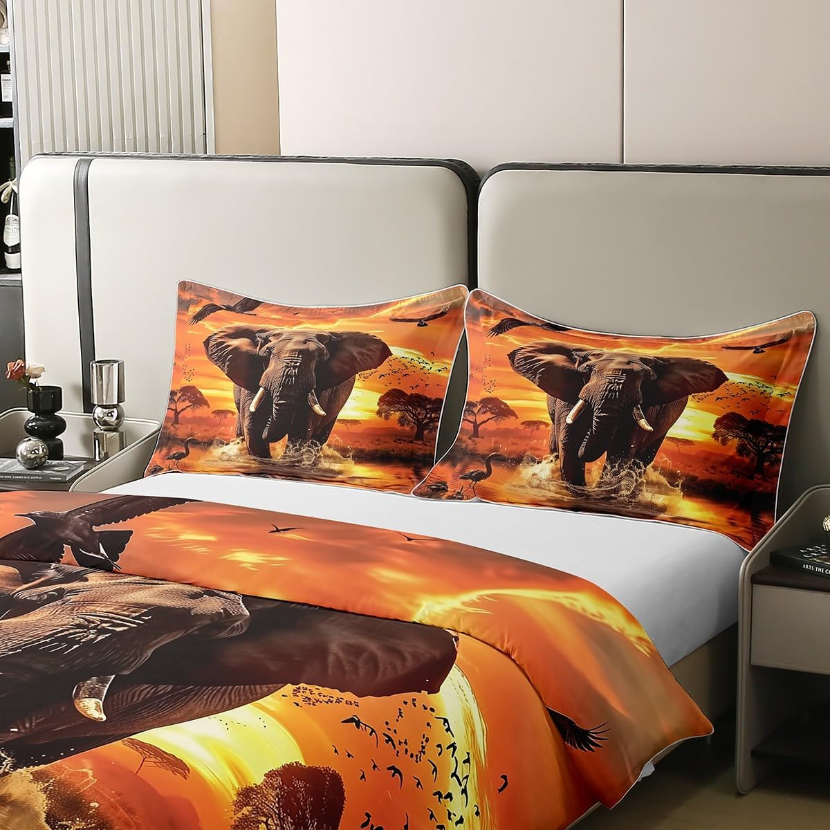 100% Cotton Elephant Bed Linen Set, Sunset Landscape Bed Linen, African Wildlife Duvet Cover 200 X 200.2 Cm Pillowcases, Eagle Comforter Cover, Animal Theme Duvet Cover for Room Decor, Orange image number 3
