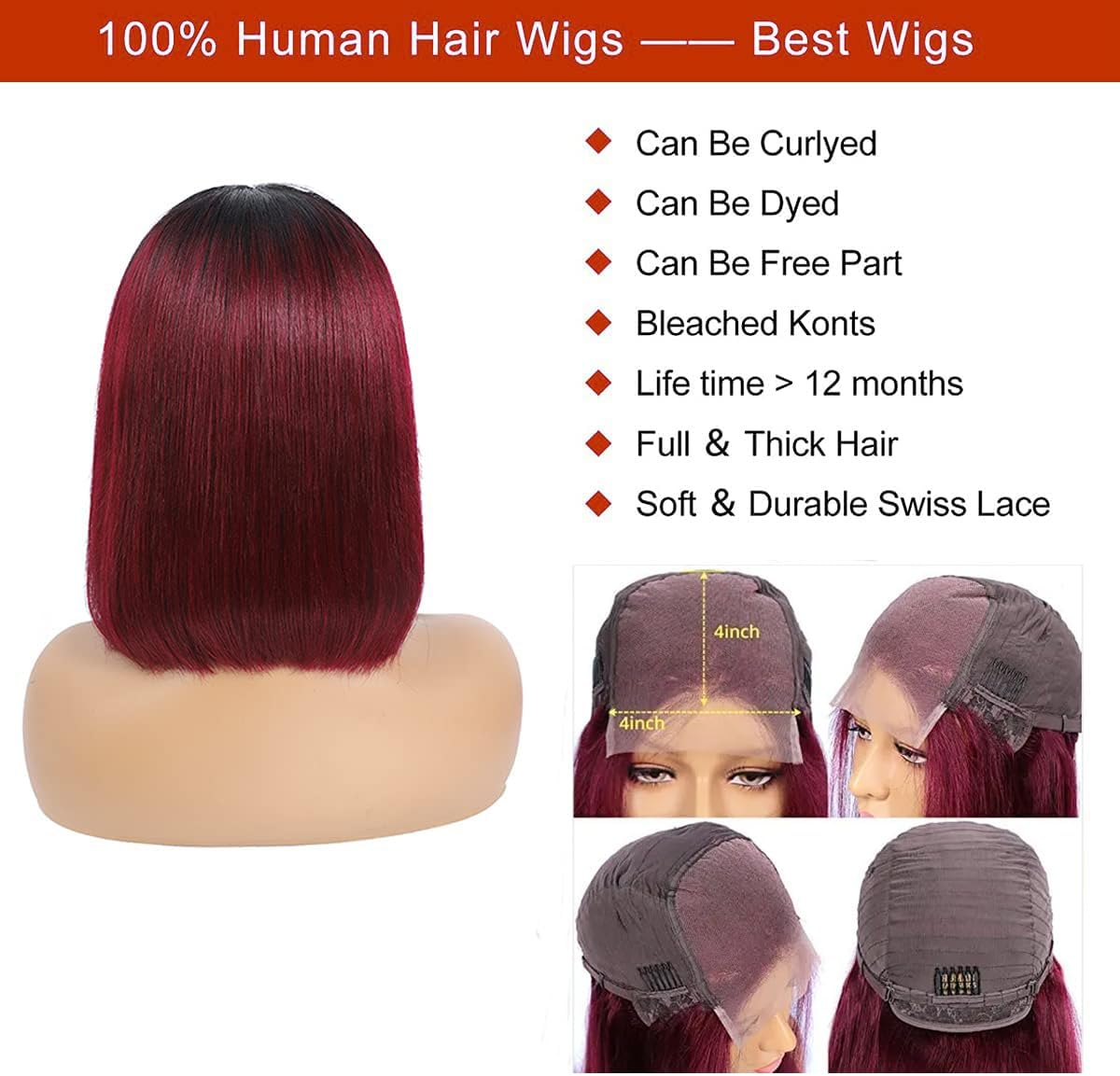 4X4 Burgundy 99J Human Hair Wigs for Black Women Glueless Pre Lined 150% Straight 10 Inch image number 3