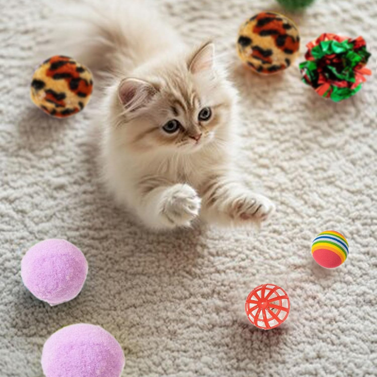 Cat Toys Set, 25 Pcs Kitten Toys for Indoor Cats, Interactive Feather Teaser, Fluffy Mouse, Crinkle Balls, Bells image number 1