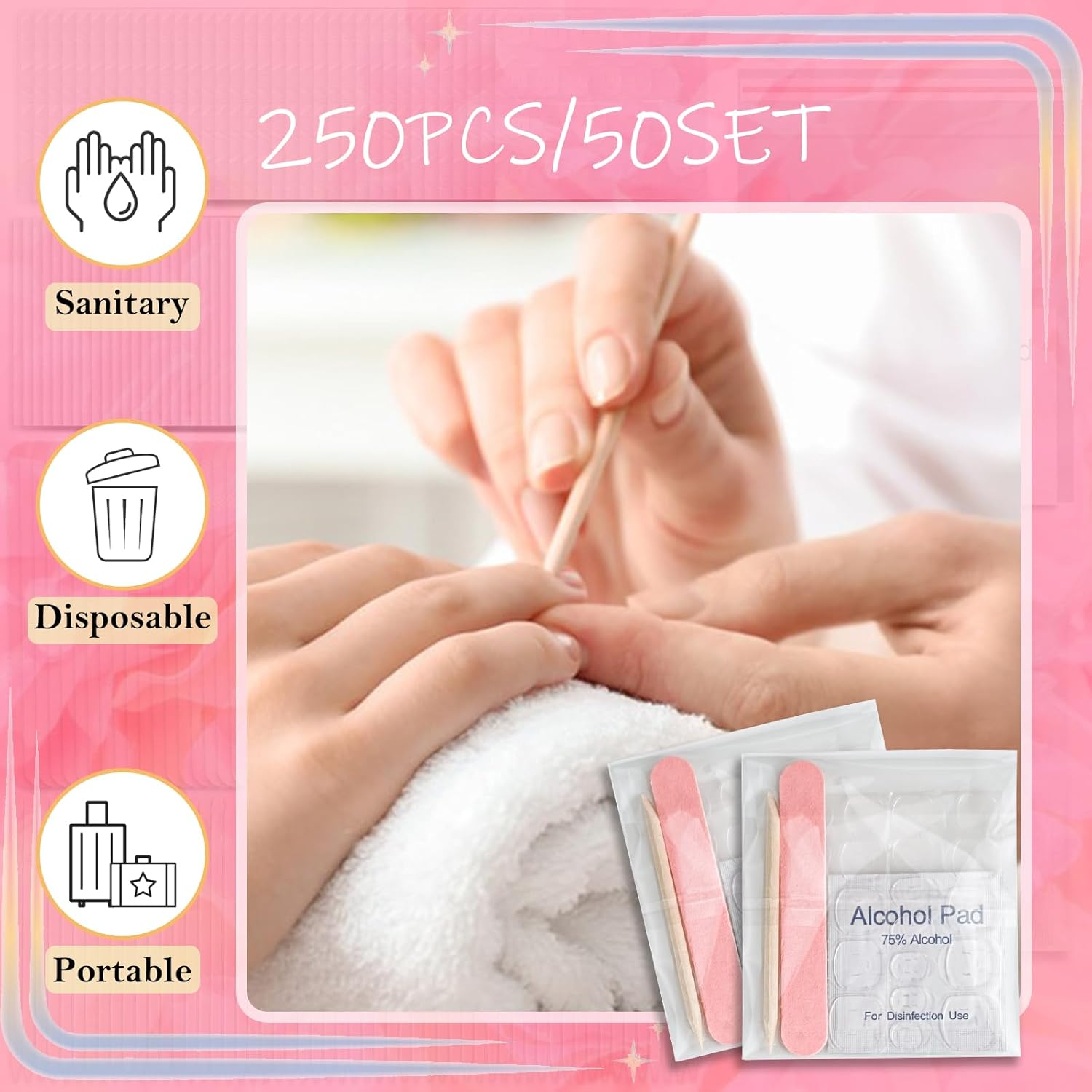 50 Set Disposable Press on Nail Tool Kit, Including 50Pcs Nail File, 50Pcs Prep Pad, 50Pcs Wood Stick, 50Pcs OPP Bag, Manicure Nail Prep Kit for Salon Home (50Pcs-A-Pink) image number 3