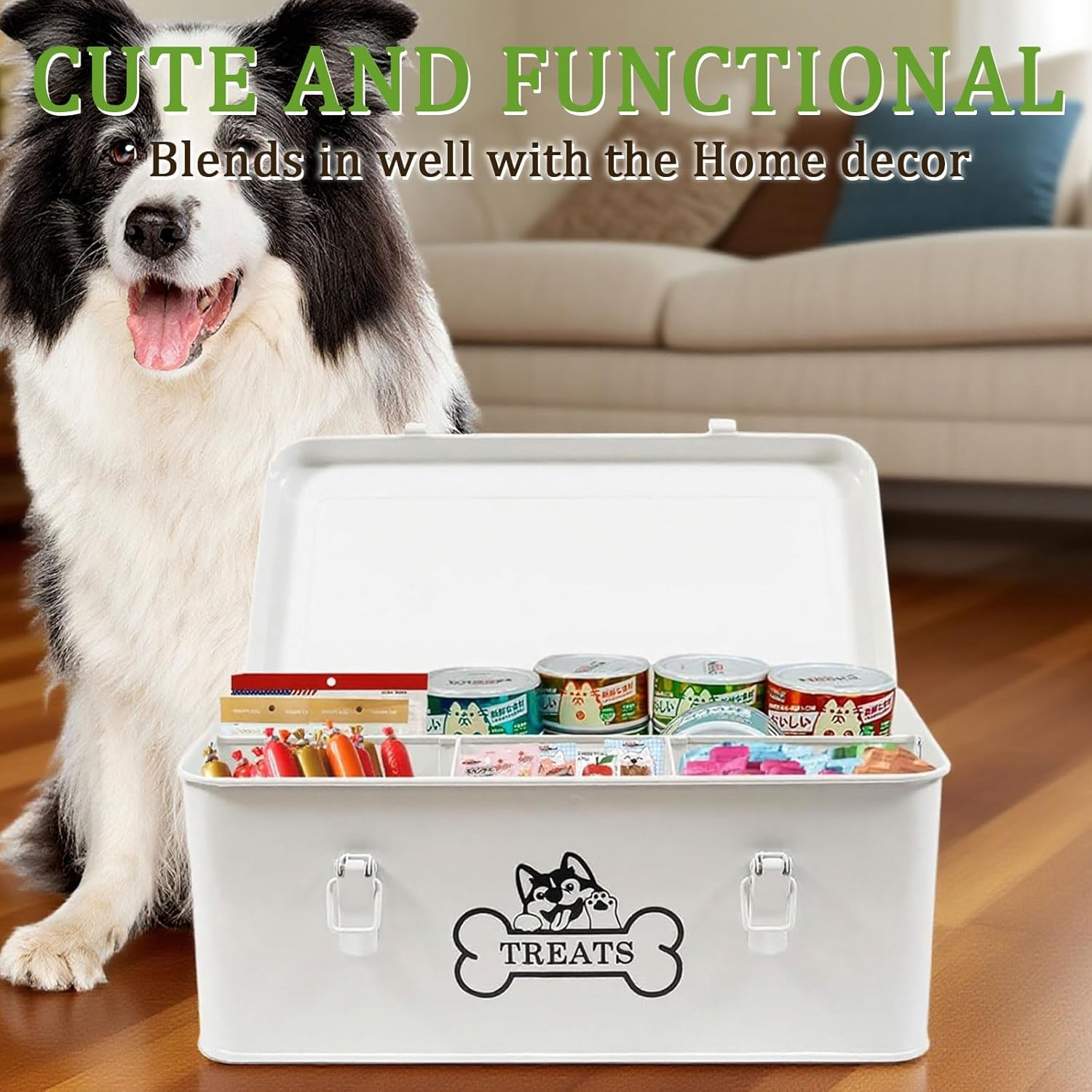 Zoeqide Dog Treat Container Metal 8.5 L - Dog Treat Container Airtight with Lids & Dividers, White - Treat Storage with Lock for Dry Food, Snack Box Shelf & Kitchen image number 3