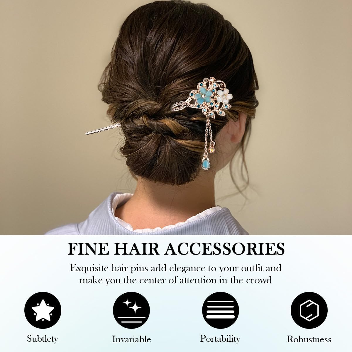 FERCAISH Pack of 2 Metal Opal Flower Hair Sticks, Vintage Hair Stick, Chinese Hair Pins, Elegant Hair Stick, Suitable for Prom, Party, Daily Life (Blue, Green) image number 1