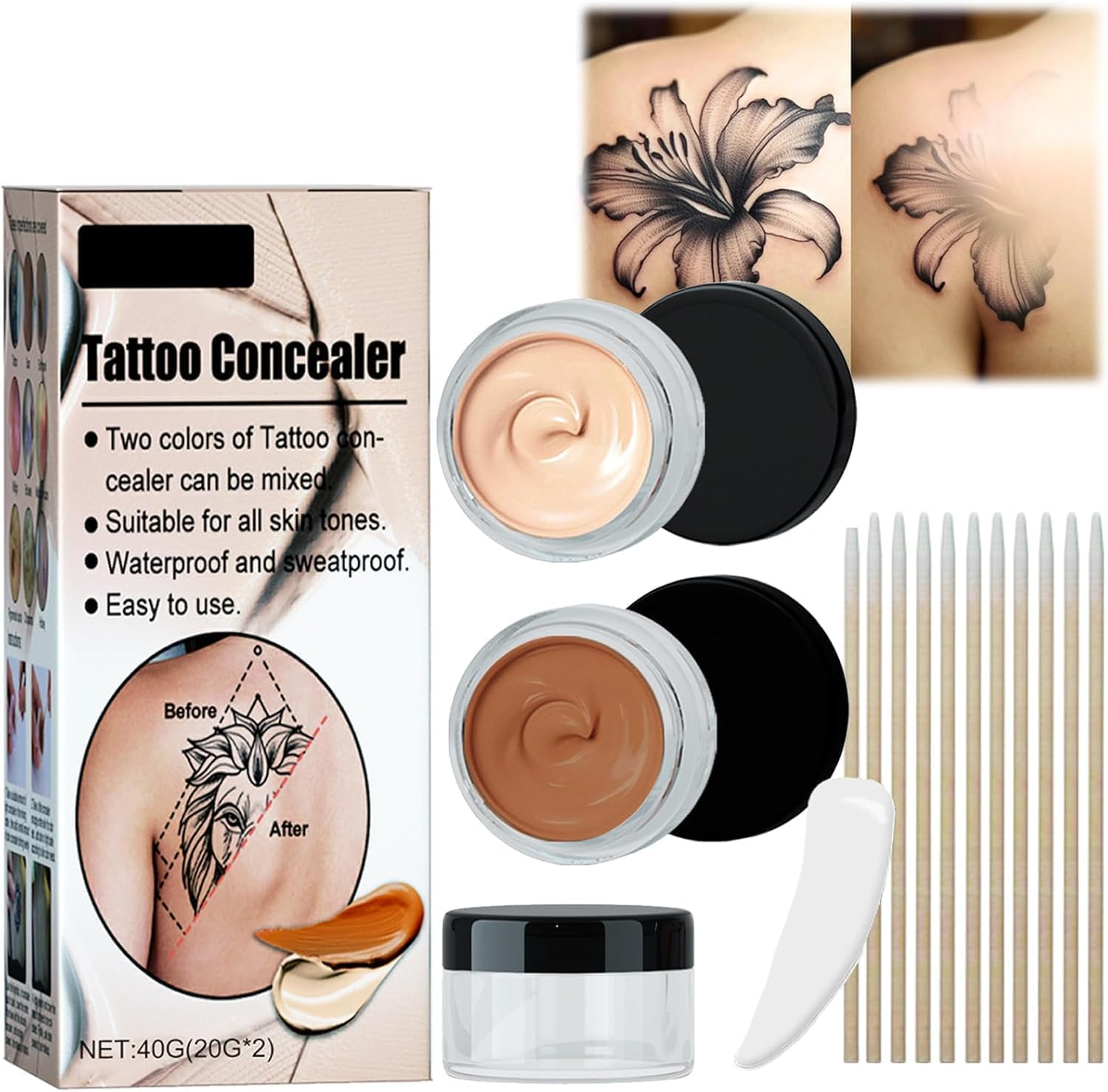 Tattoo Concealer, 2 Colors Tattoo Cover up Makeup Waterproof Sweatproof, Invisible Skin Concealer Set, Long Lasting Suitable for Tattoo, Dark Spots, Scars, Vitiligo image number 6