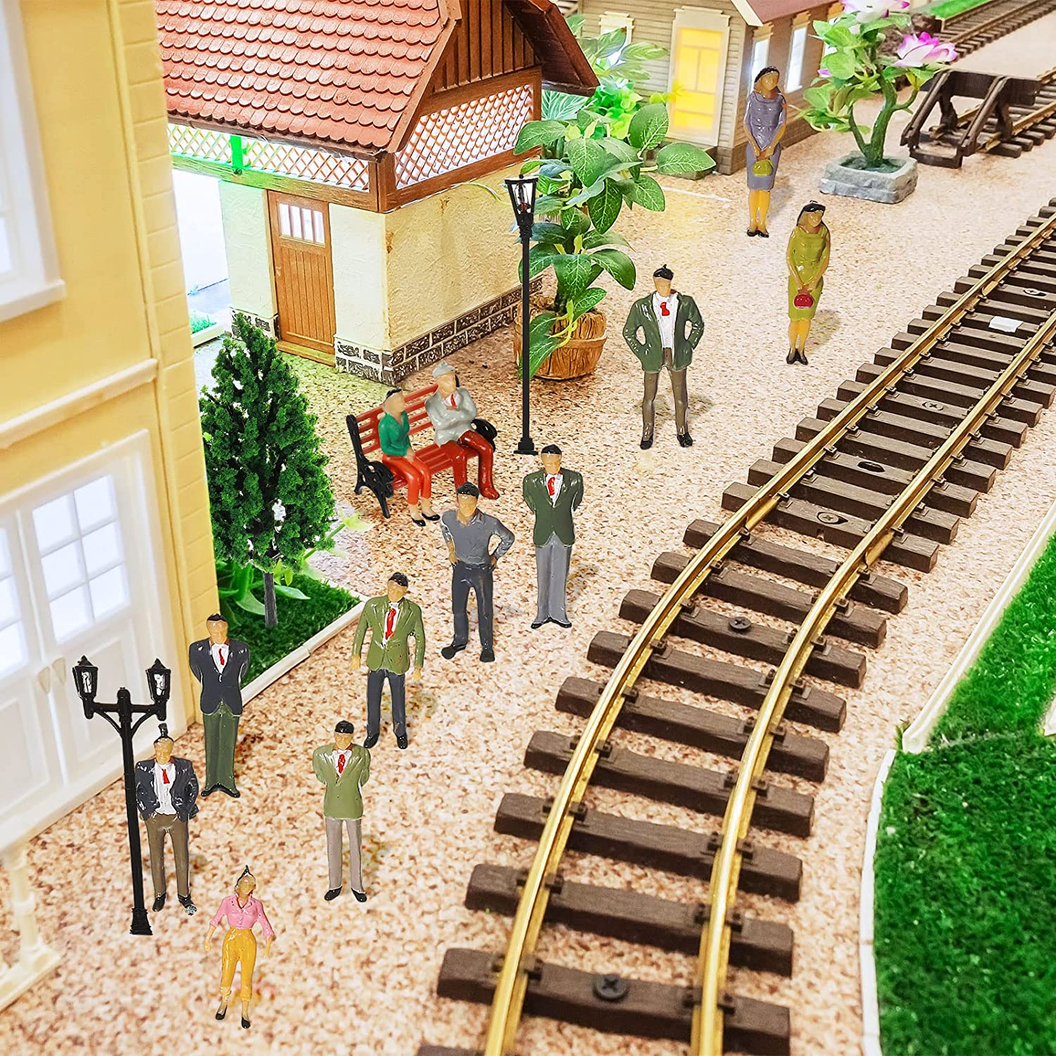 Sratte 55 Pcs 1:30 Scale Model Trains Architectural Scale Painted Figures Set, Include 30 Miniature People 5 Street Lamps 11 Mixed Model Trees 5 Park Street Seat 4 Fake Grass for Miniature Scene image number 4