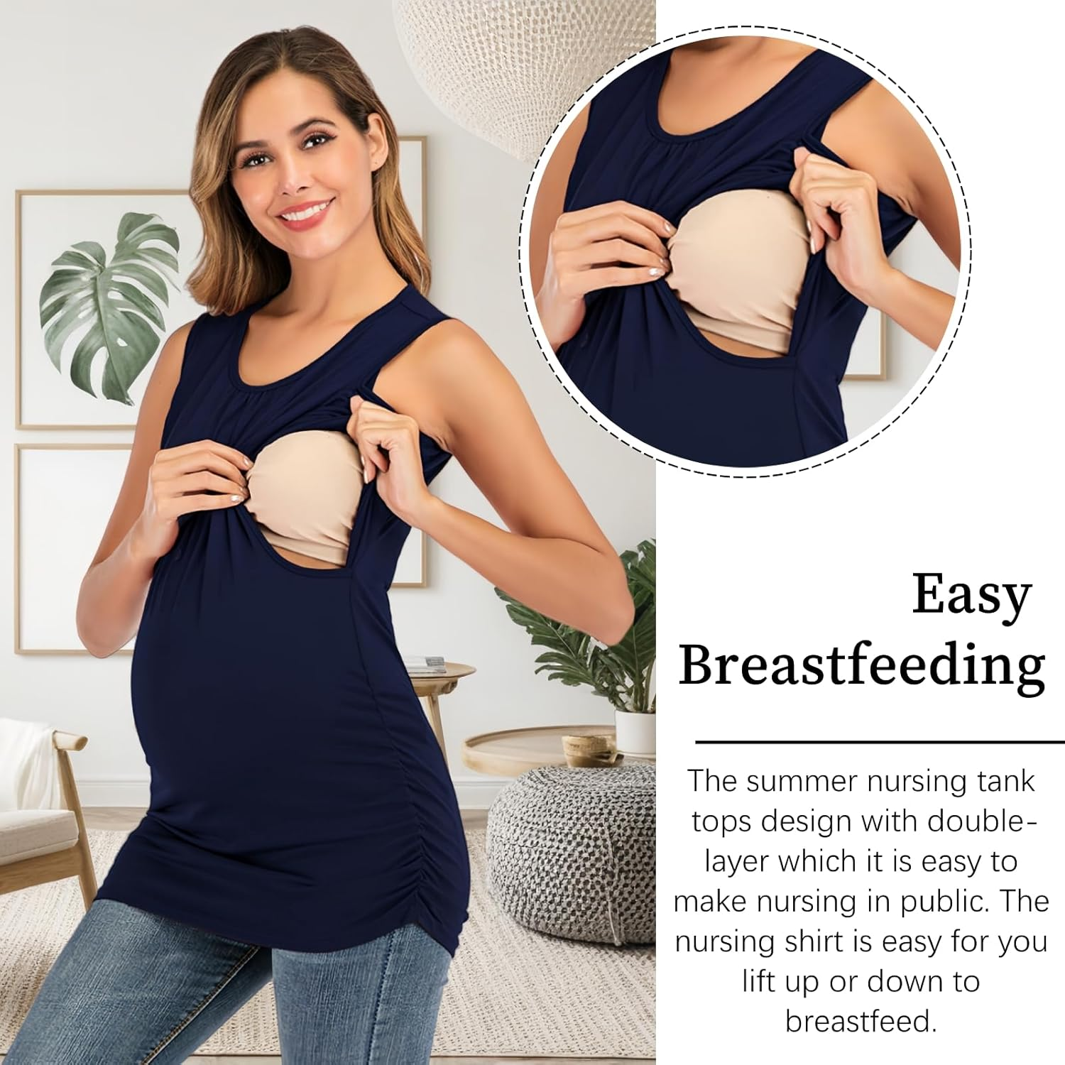Women Sleeveless Maternity Tops Ruched Nursing Vest Tank Top Lift-Up Breastfeeding Shirts Soild Color round Neck Summer Casual Pregnancy Clothes